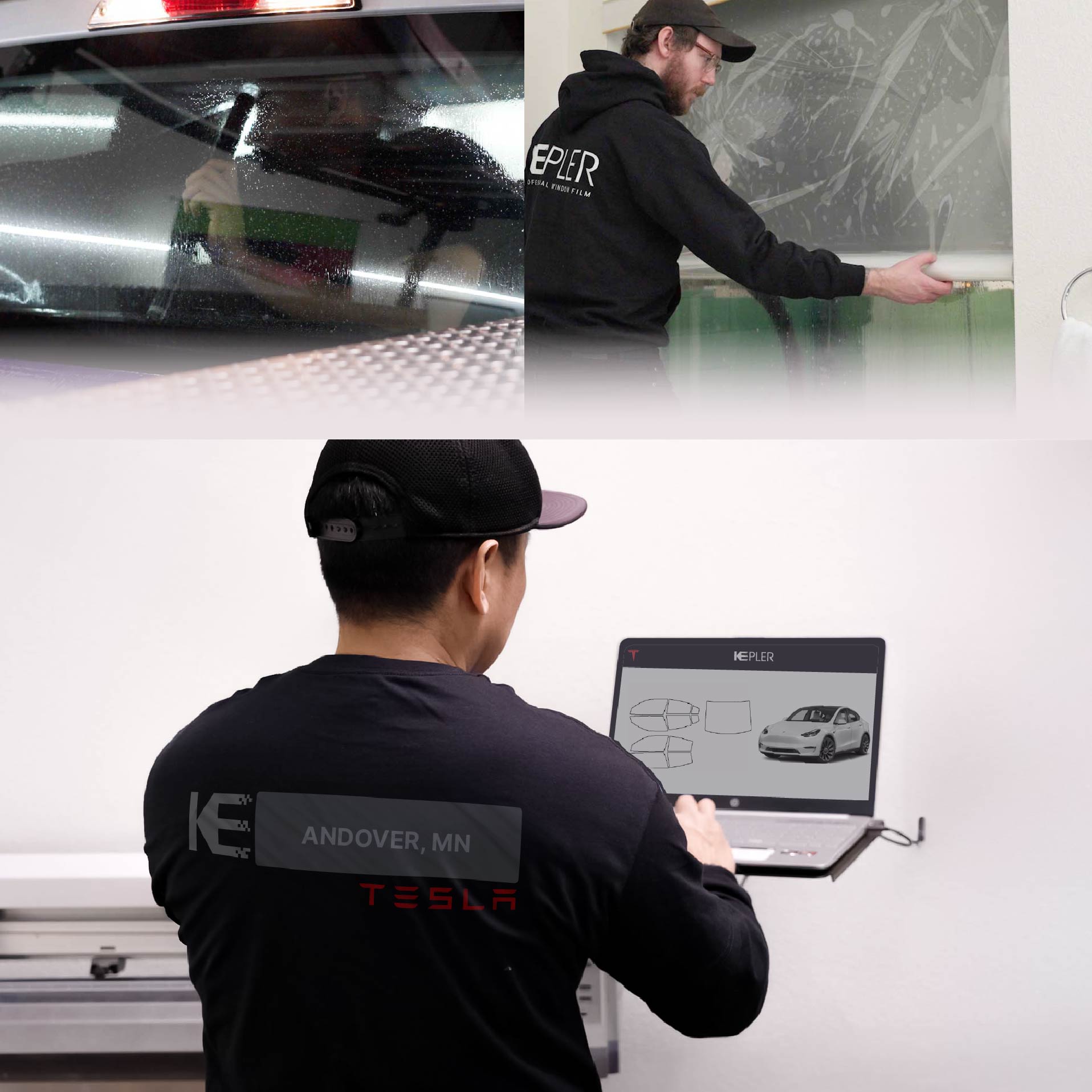 Expert Technician Installing Advanced Window Tint to Tesla in Andover