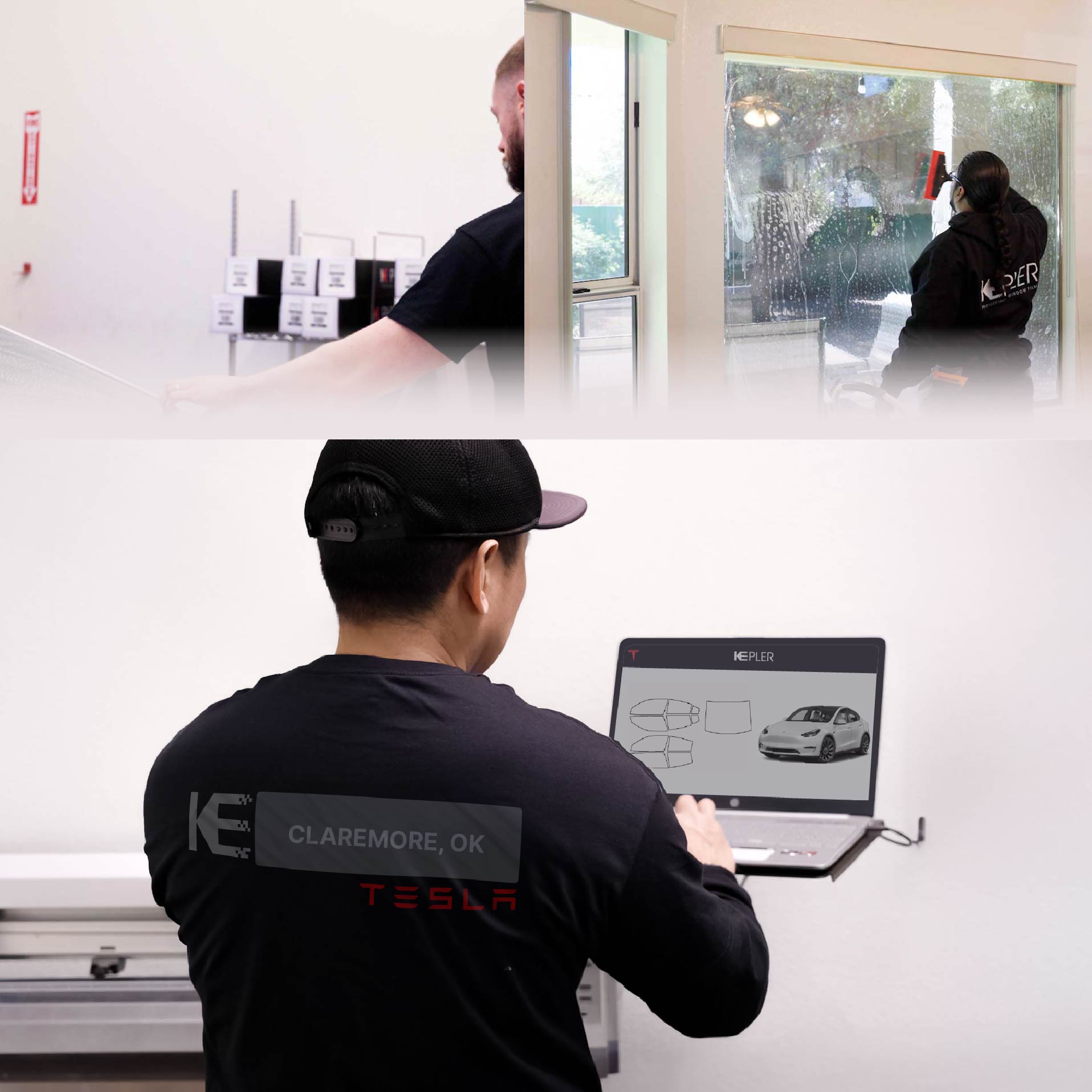 Kepler Technician Applying Ceramic Window Tint to Tesla in Claremore