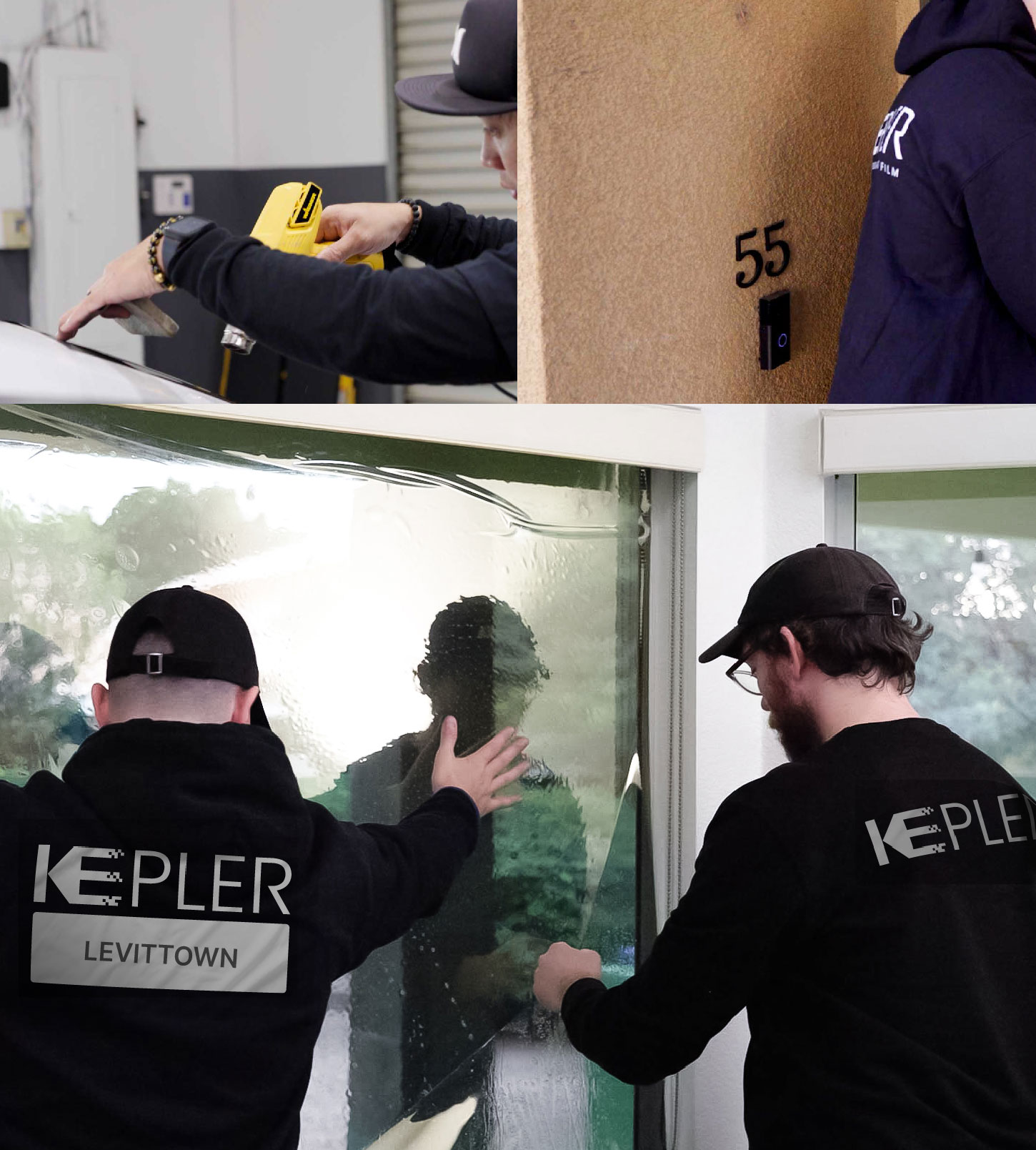 Expert Technician Fitting Advanced Window Tint to Home in Levittown