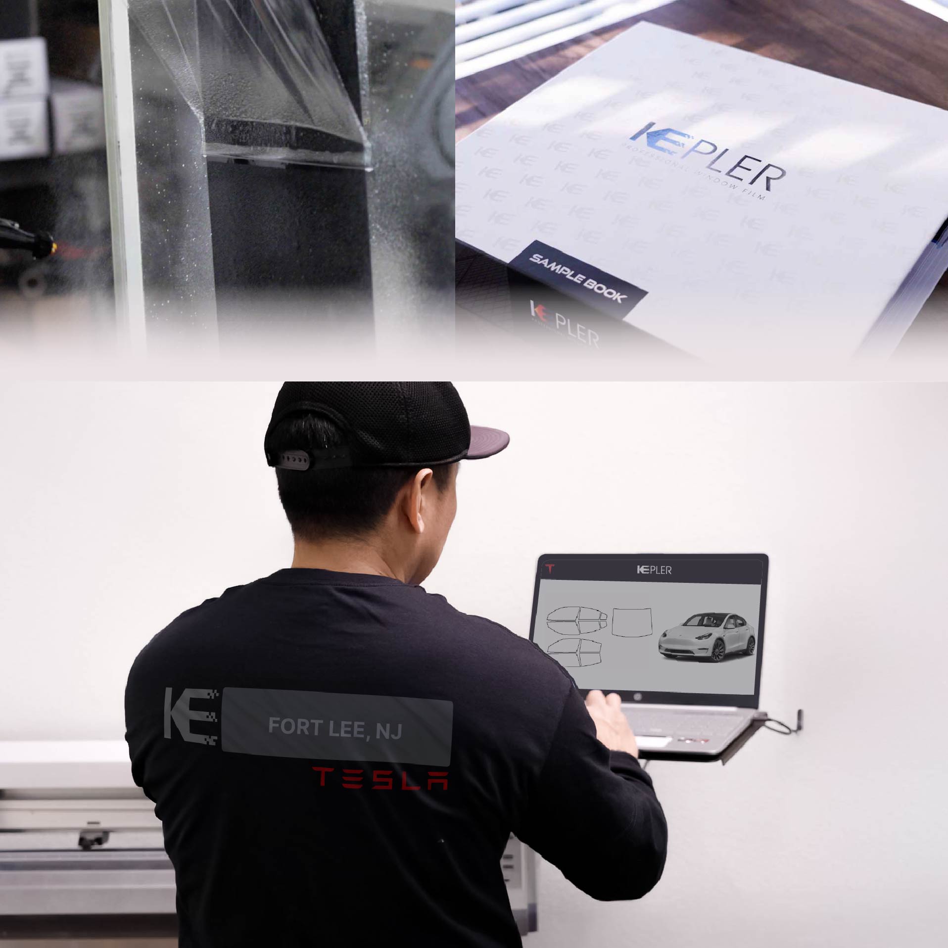 Expert Technician Installing High-tech Window Tint to Tesla in Fort Lee