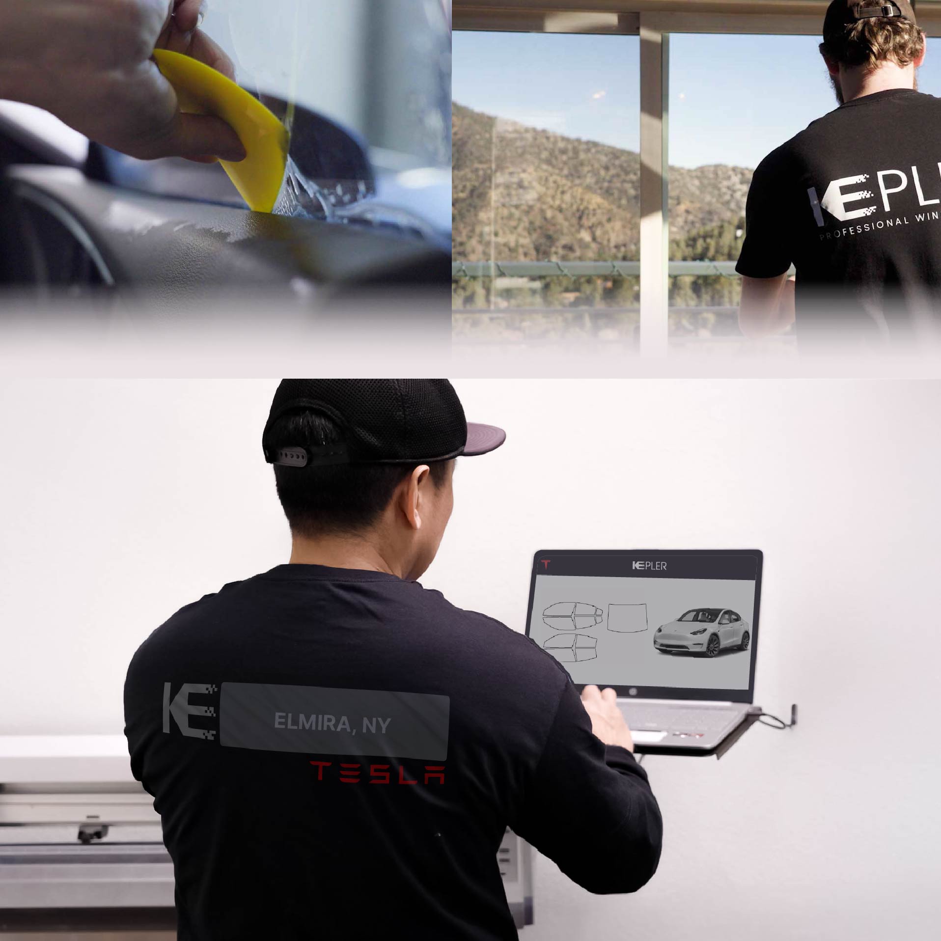 Kepler Technician Installing Ceramic Window Tint to Tesla in Elmira