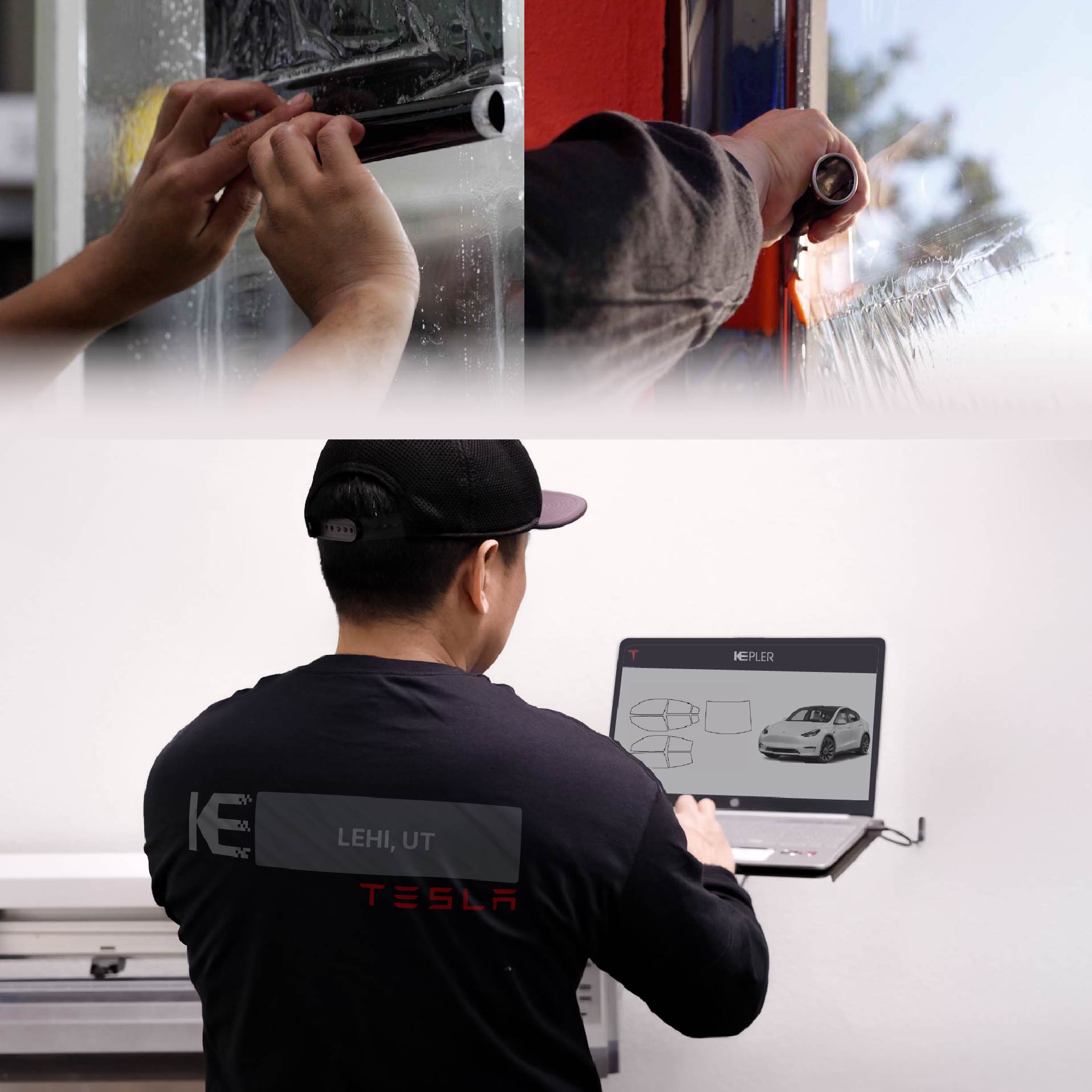 Expert Technician Applying Advanced Window Tint to Tesla in Lehi