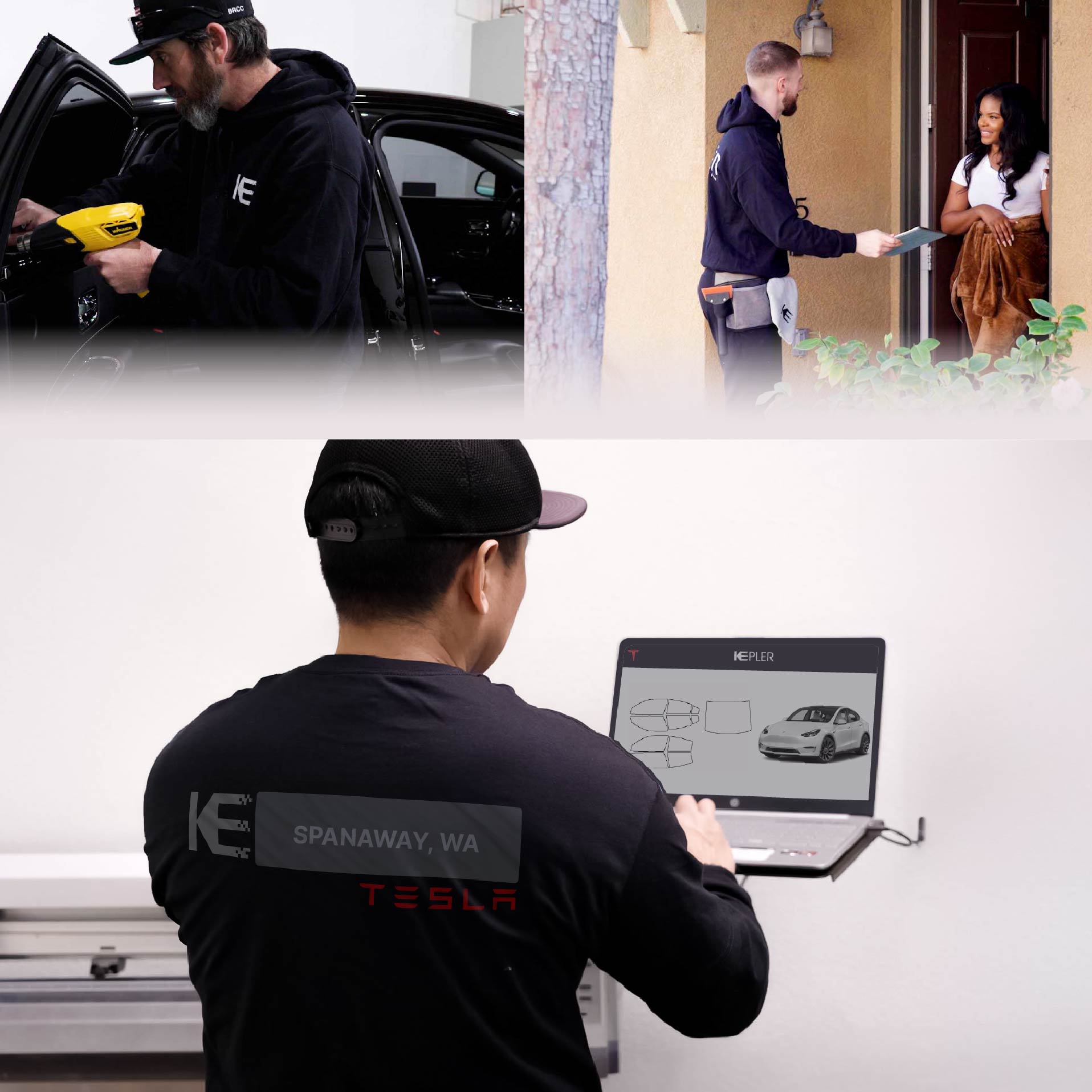 Expert Technician Installing Advanced Window Tint to Tesla in Spanaway