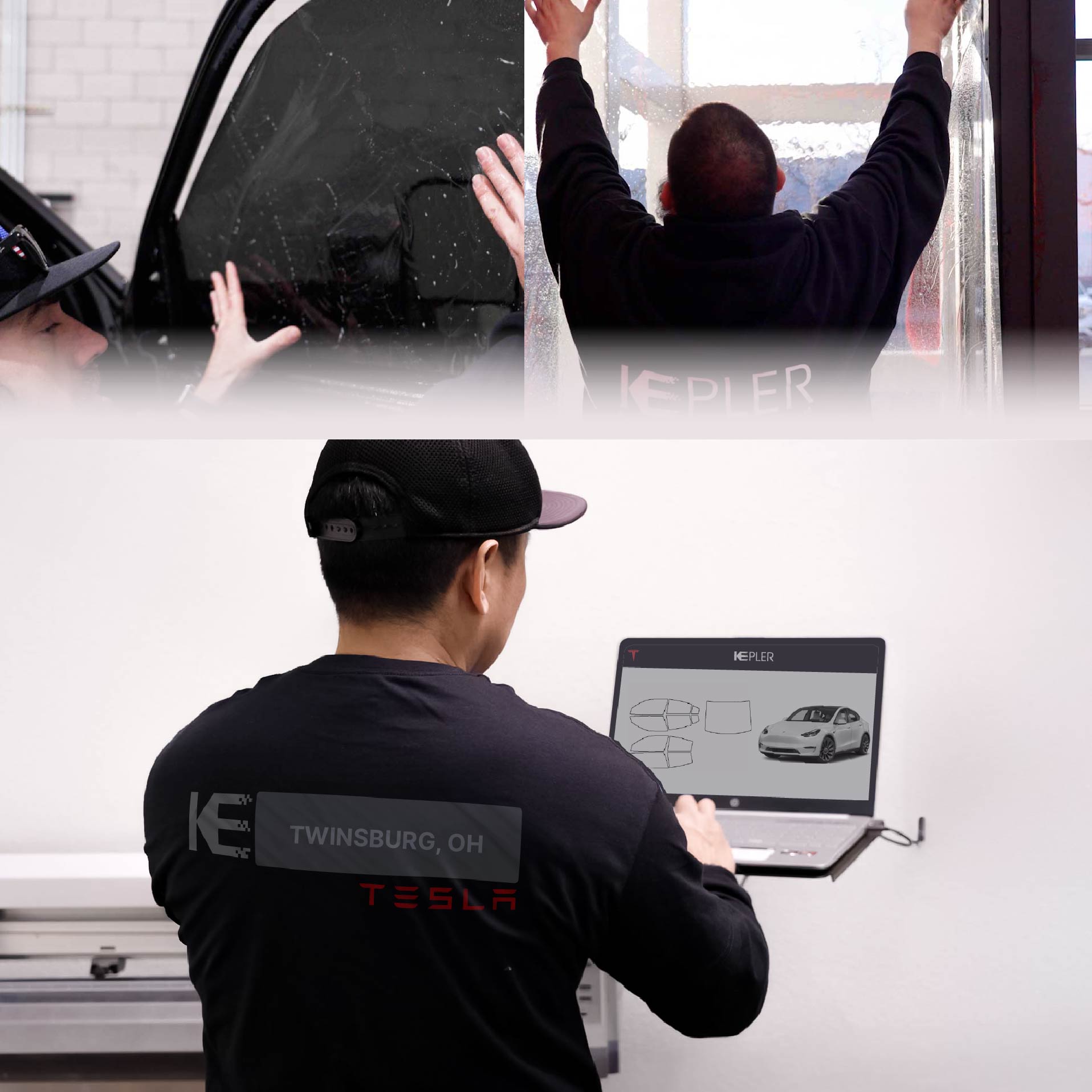 Expert Technician Installing Advanced Window Tint to Tesla in Twinsburg