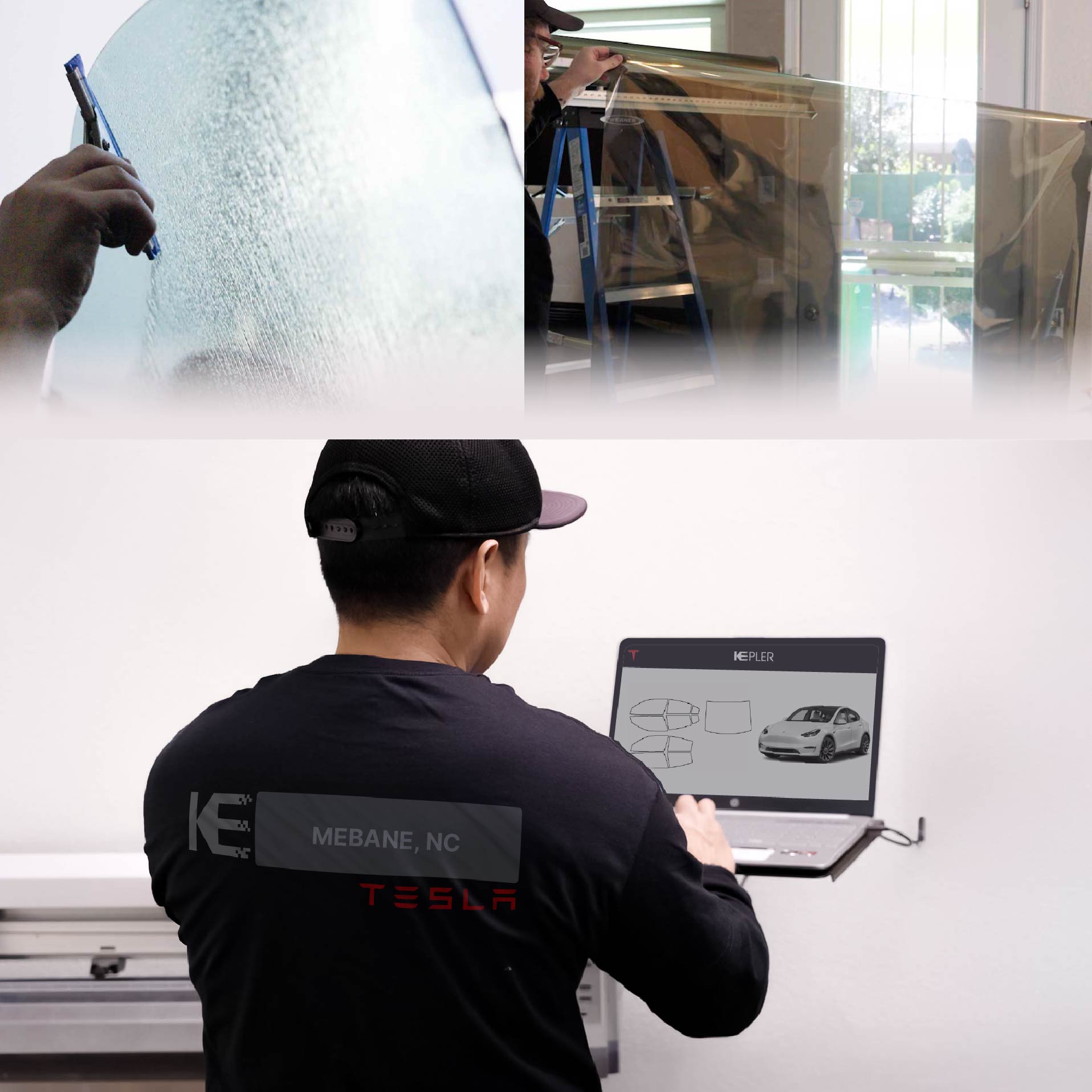 Kepler Technician Installing High-tech Window Tint to Tesla in Mebane
