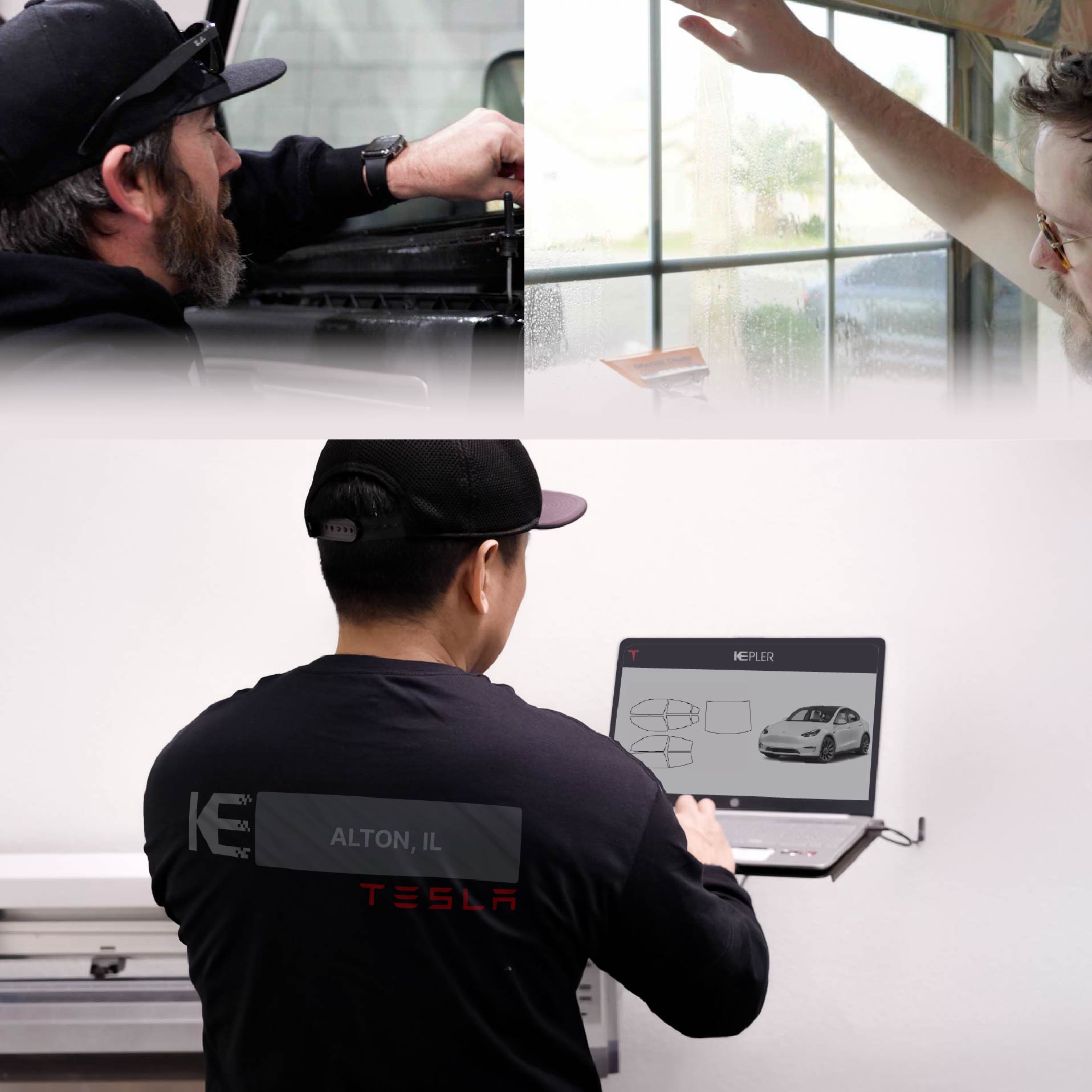 Expert Technician Applying Ceramic Window Tint to Tesla in Alton