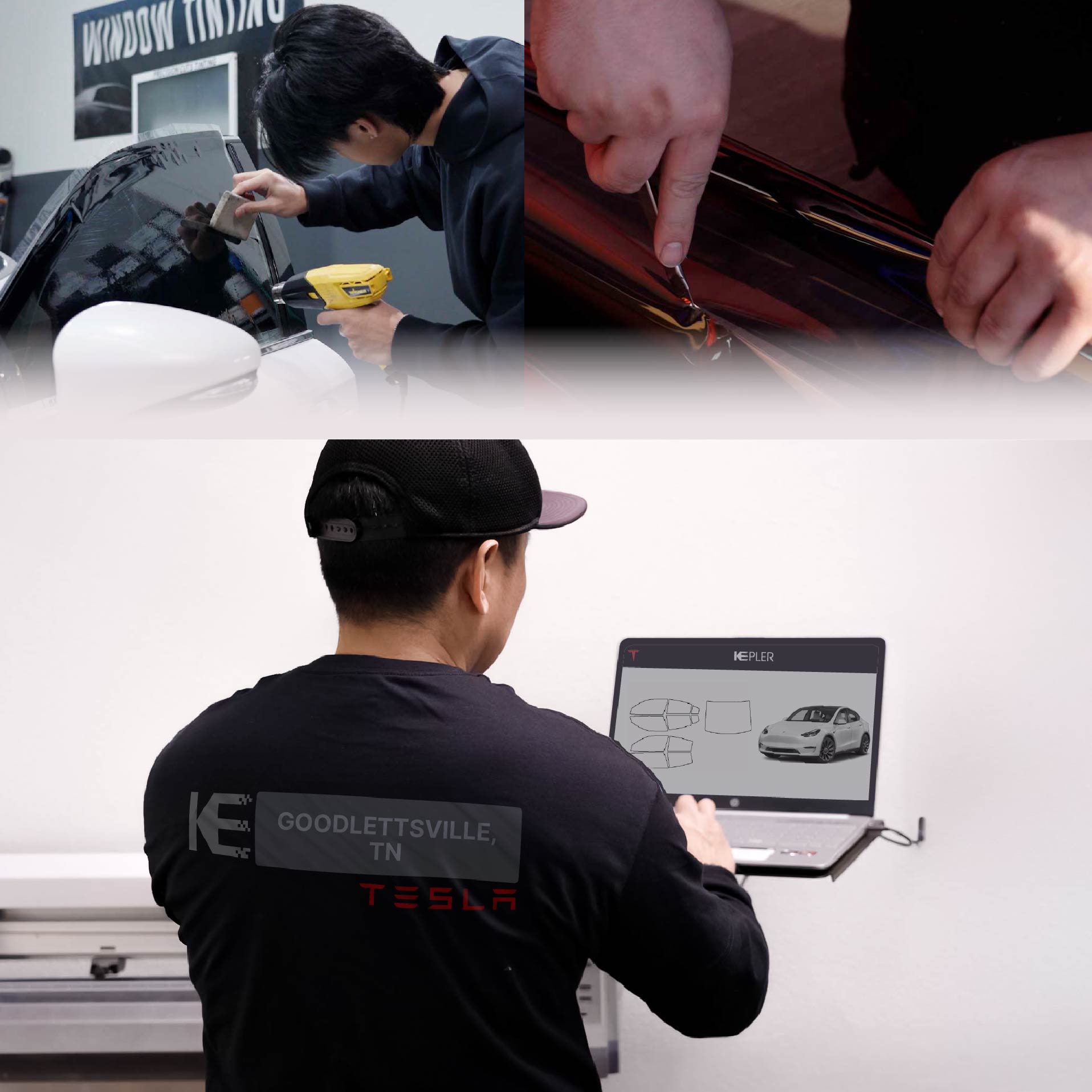 Kepler Technician Applying High-tech Window Tint to Tesla in Goodlettsville