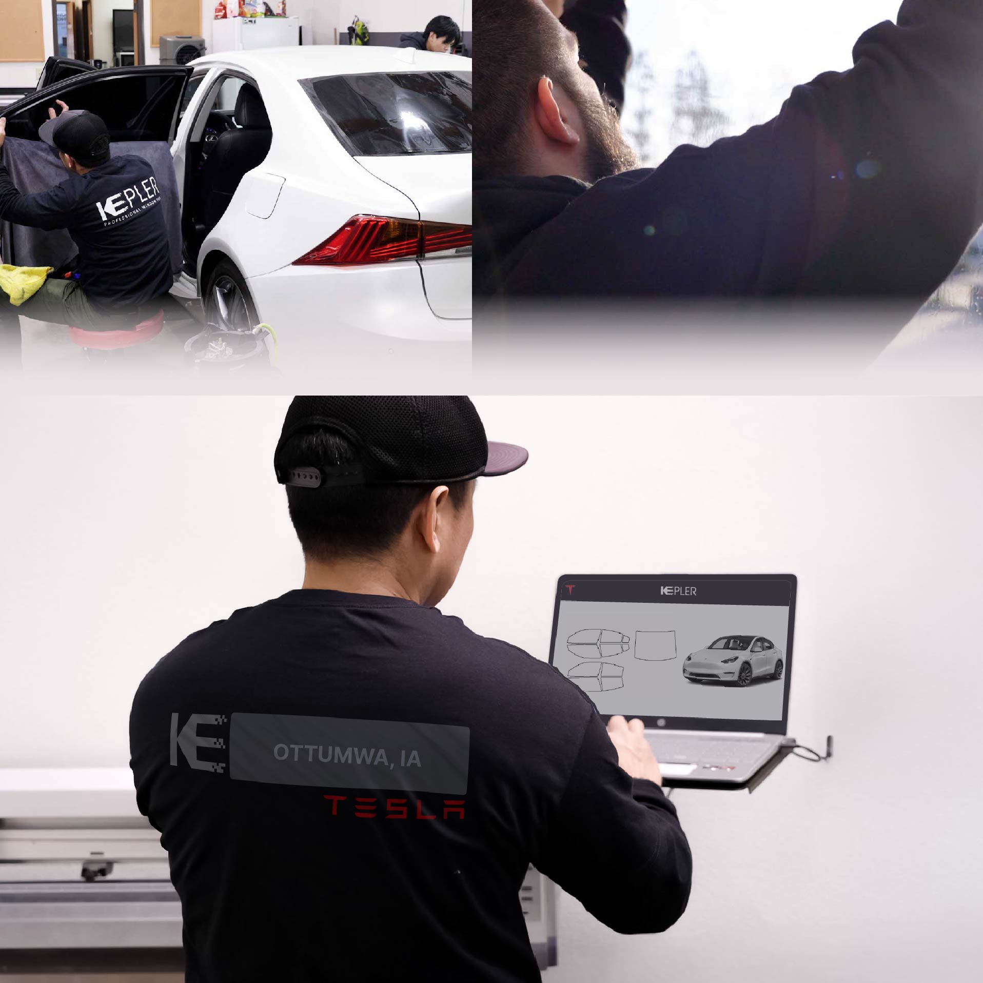 Expert Technician Installing Advanced Window Tint to Tesla in Ottumwa
