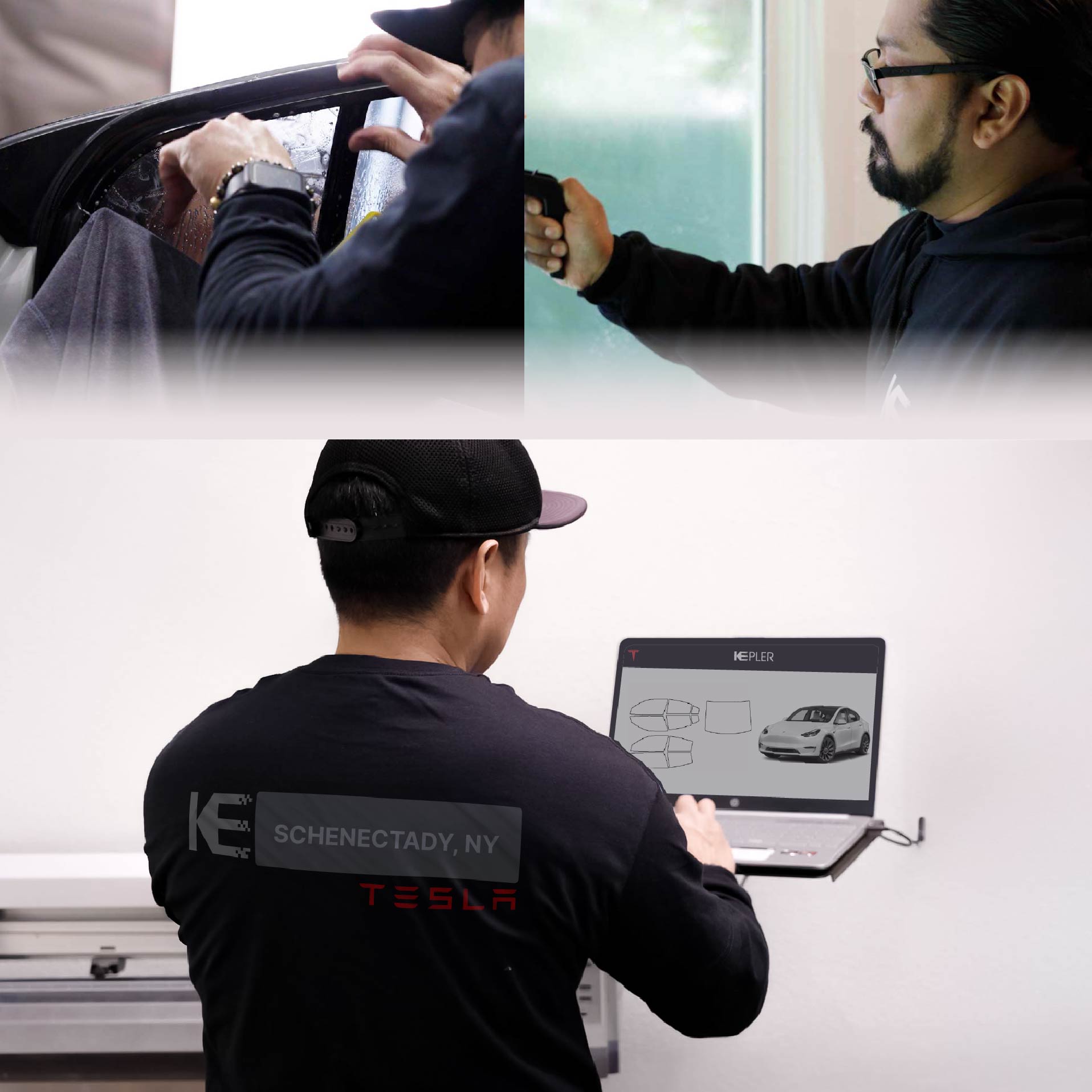 Expert Technician Applying Advanced Window Tint to Tesla in Schenectady