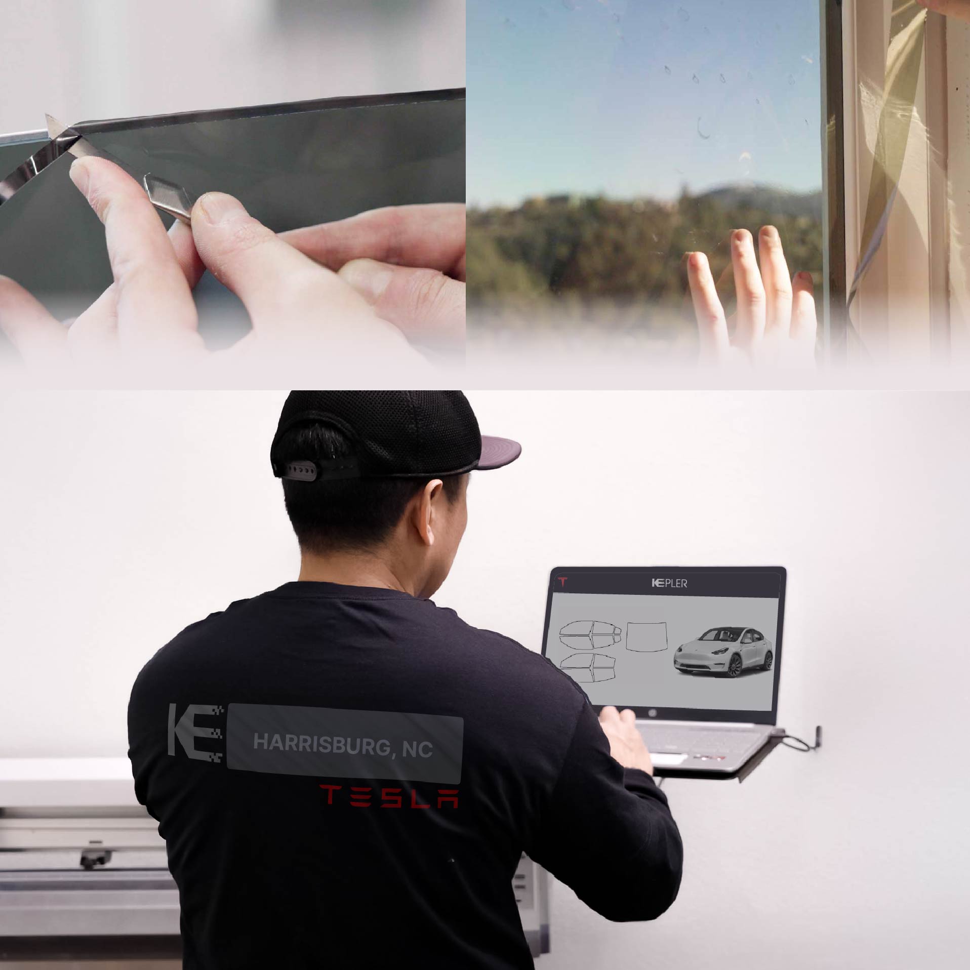 Expert Technician Installing High-tech Window Tint to Tesla in Harrisburg