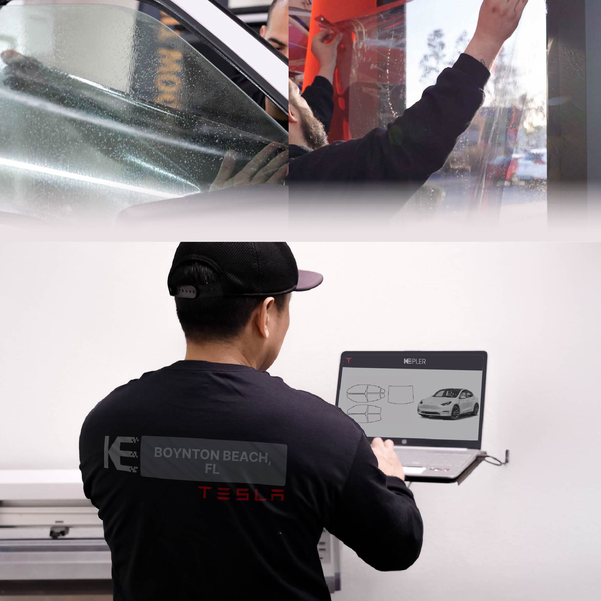 Kepler Technician Fitting Ceramic Window Tint to Tesla in Boynton Beach
