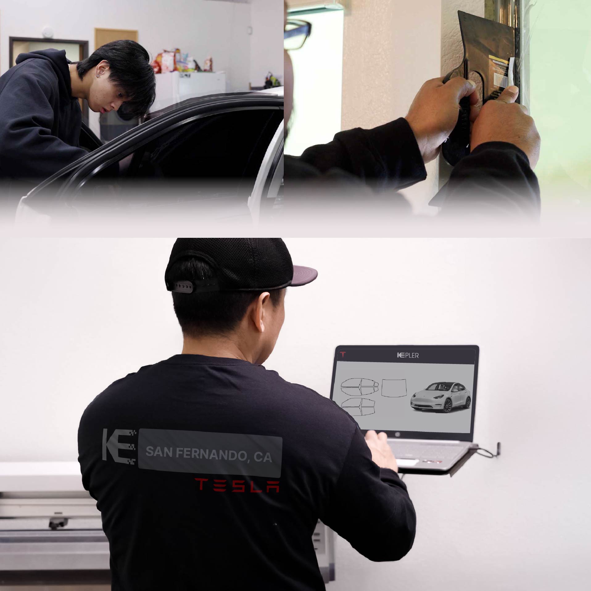 Expert Technician Installing Advanced Window Tint to Tesla in San Fernando