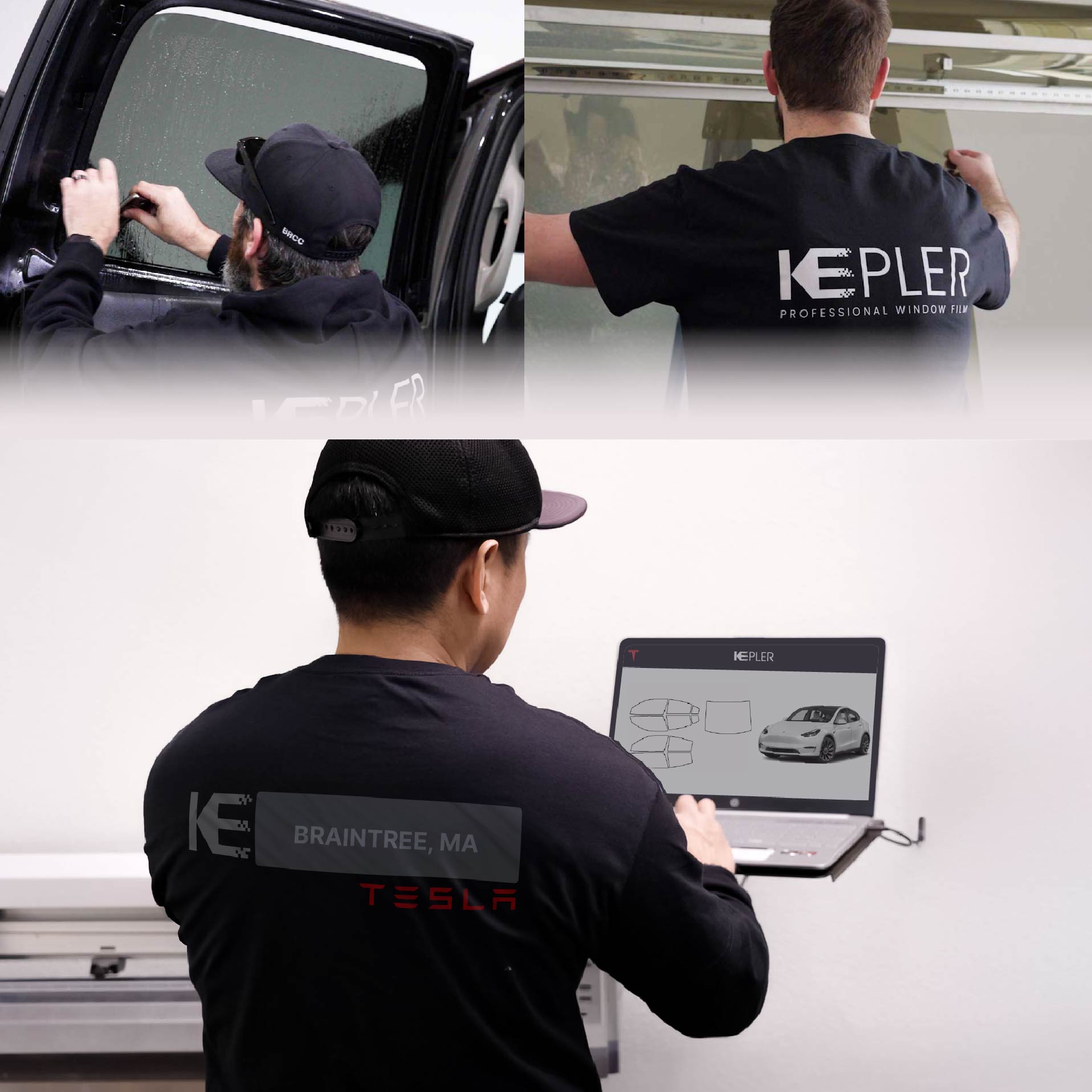 Kepler Technician Applying High-tech Window Tint to Tesla in Braintree