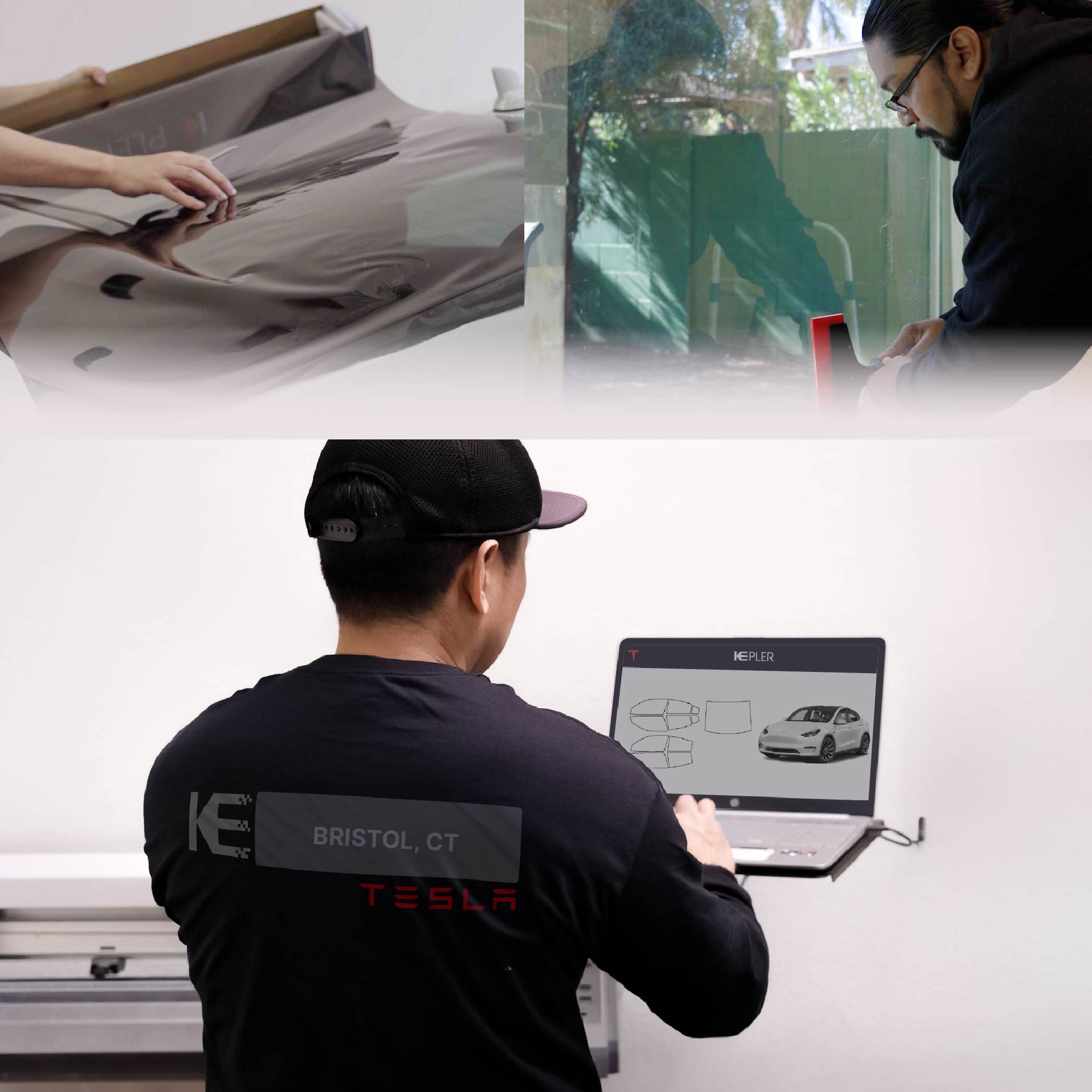 Kepler Technician Installing Ceramic Window Tint to Tesla in Bristol