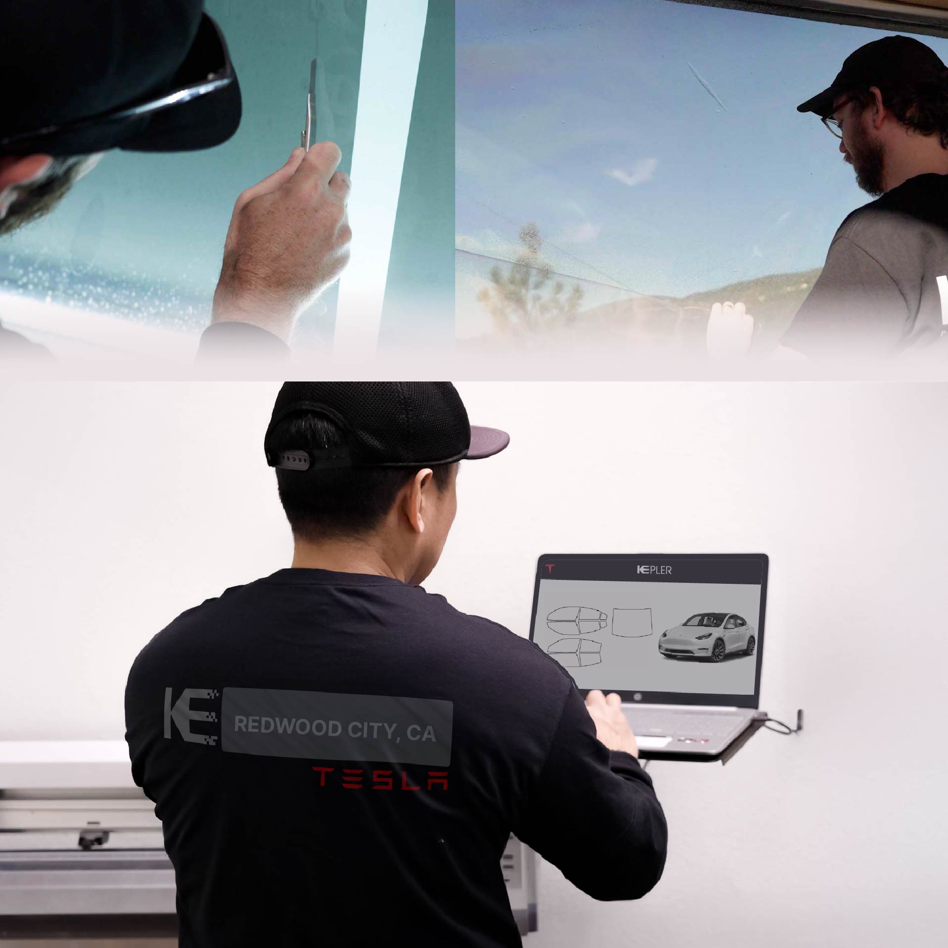 Kepler Technician Installing Ceramic Window Tint to Tesla in Redwood City