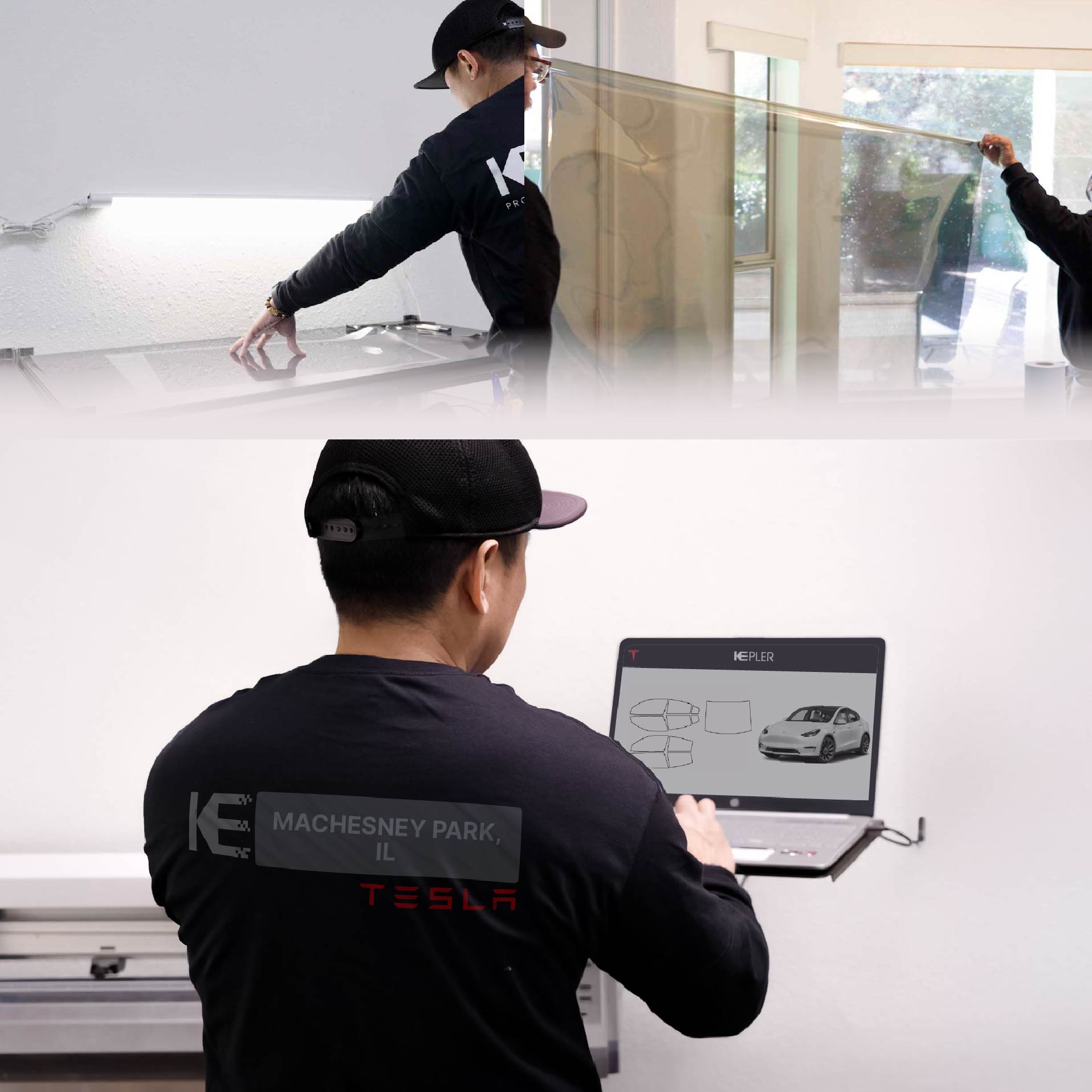 Kepler Technician Fitting Ceramic Window Tint to Tesla in Machesney Park