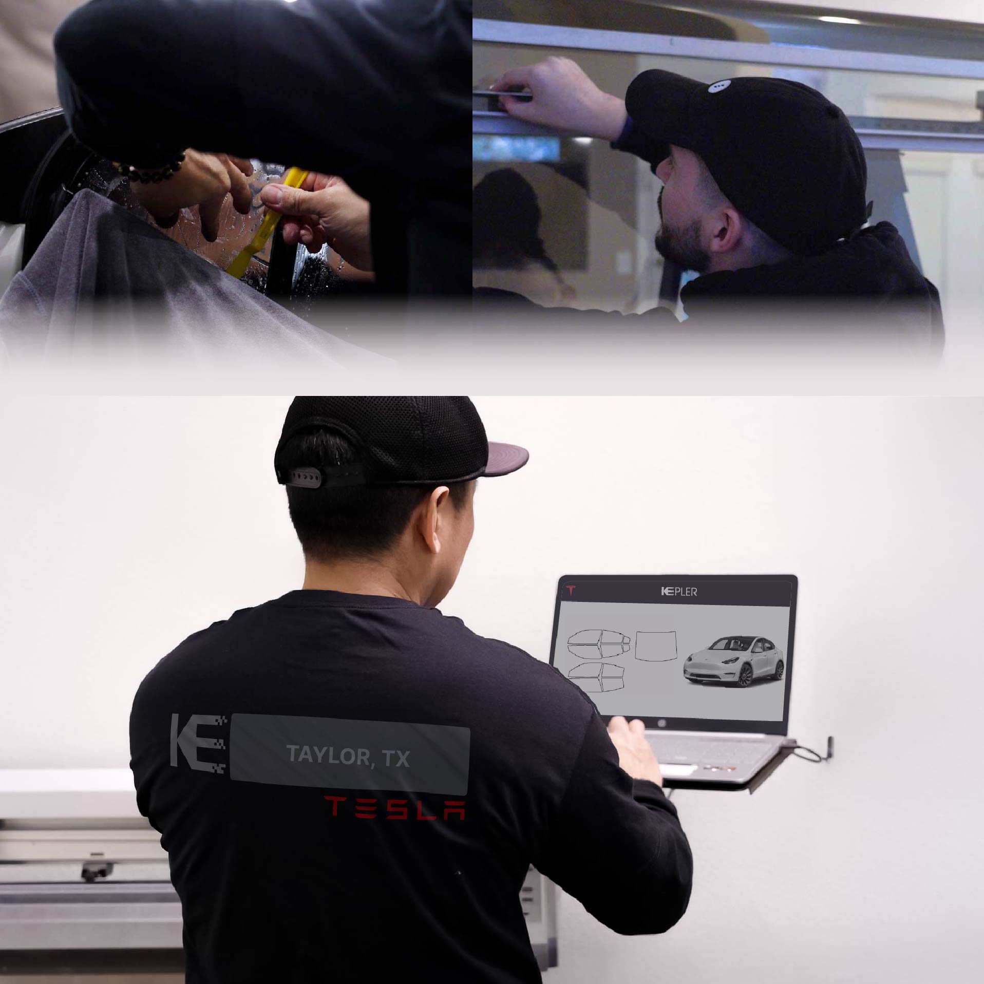 Kepler Technician Installing High-tech Window Tint to Tesla in Taylor
