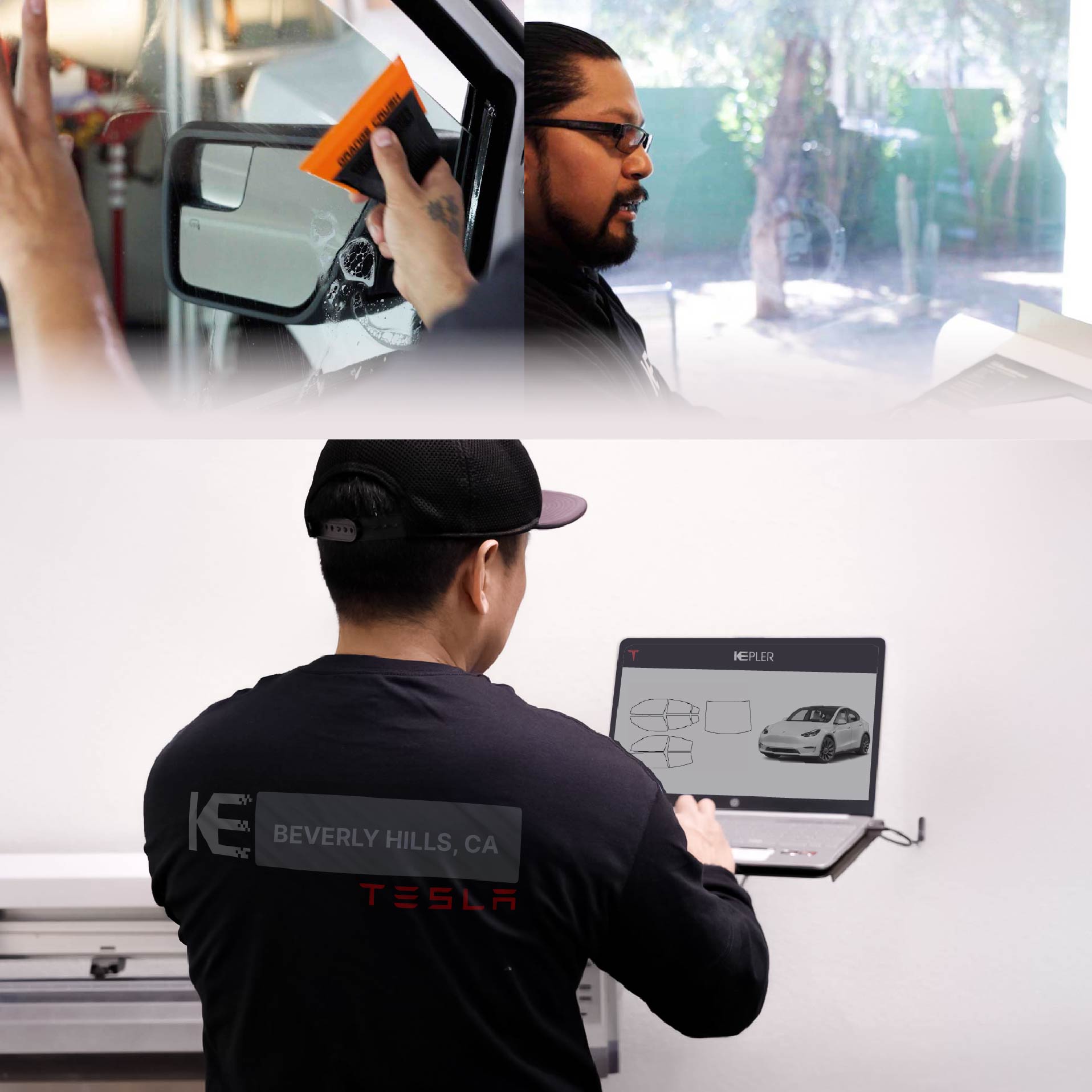 Kepler Technician Installing Ceramic Window Tint to Tesla in Beverly Hills