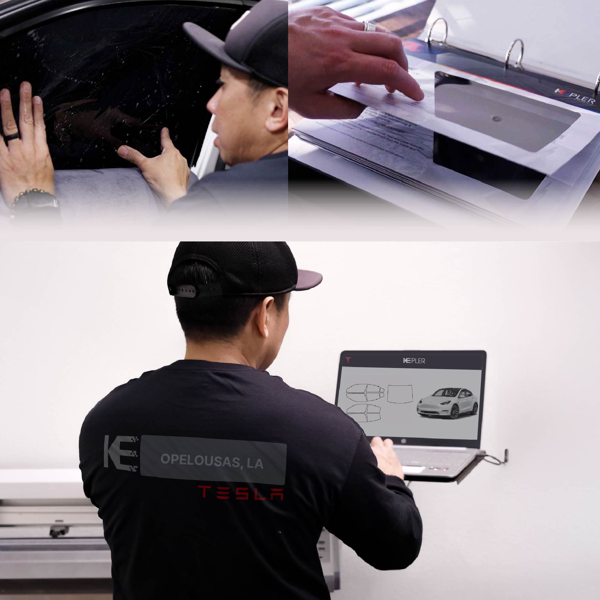 Kepler Technician Fitting Advanced Window Tint to Tesla in Opelousas