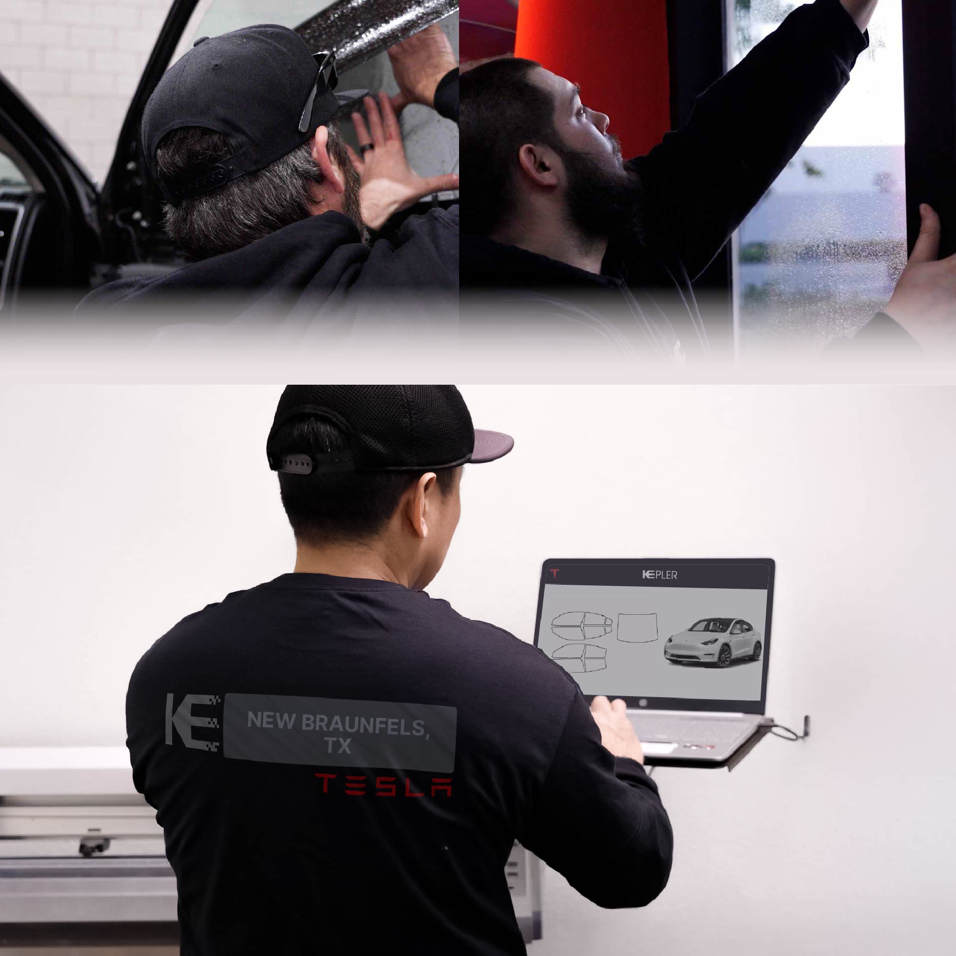 Kepler Technician Fitting Ceramic Window Tint to Tesla in New Braunfels