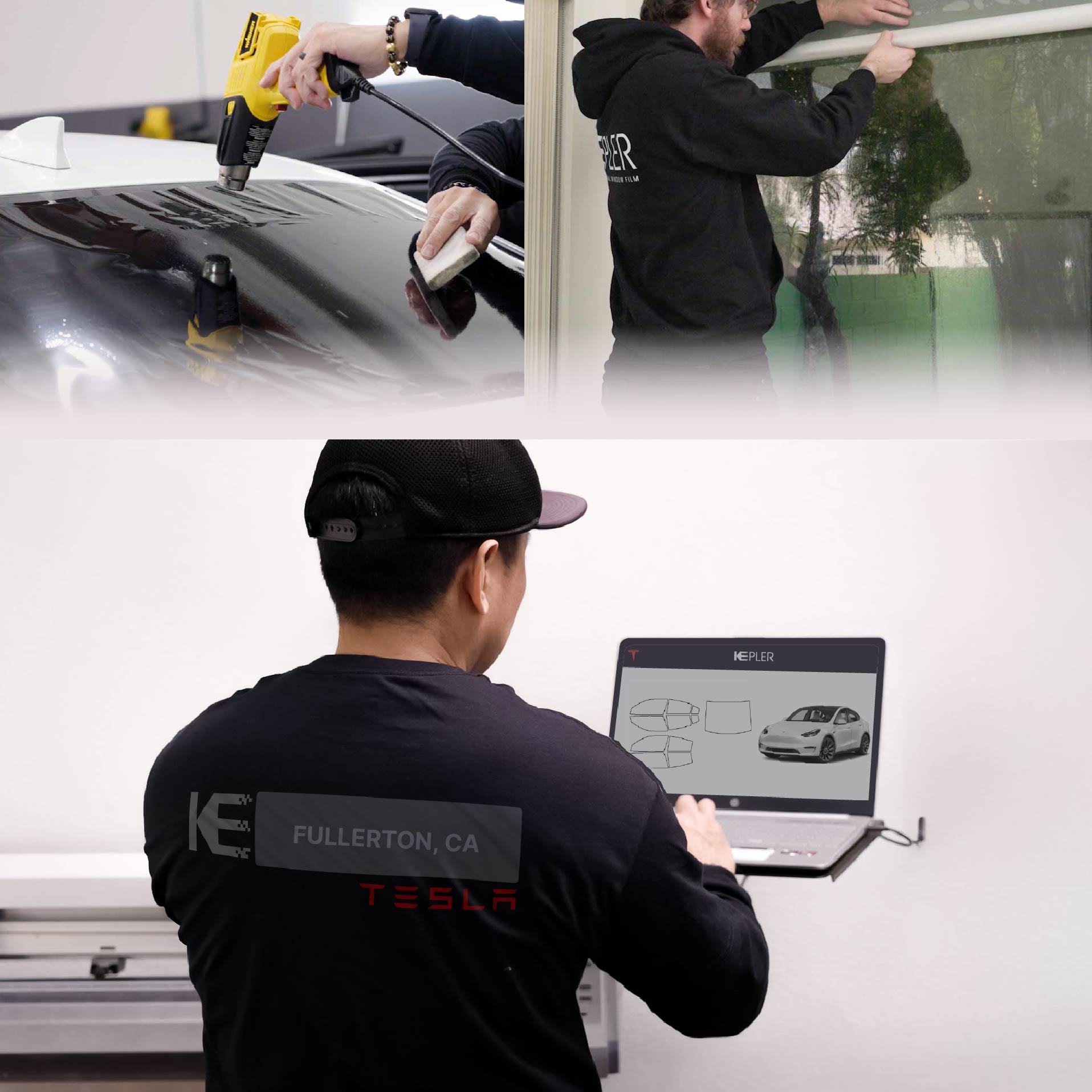 Expert Technician Applying Advanced Window Tint to Tesla in Fullerton