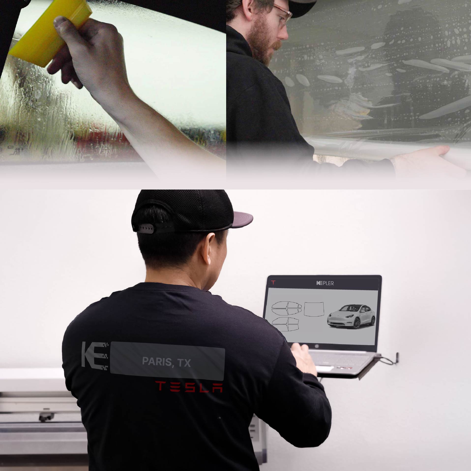 Expert Technician Fitting Ceramic Window Tint to Tesla in Paris