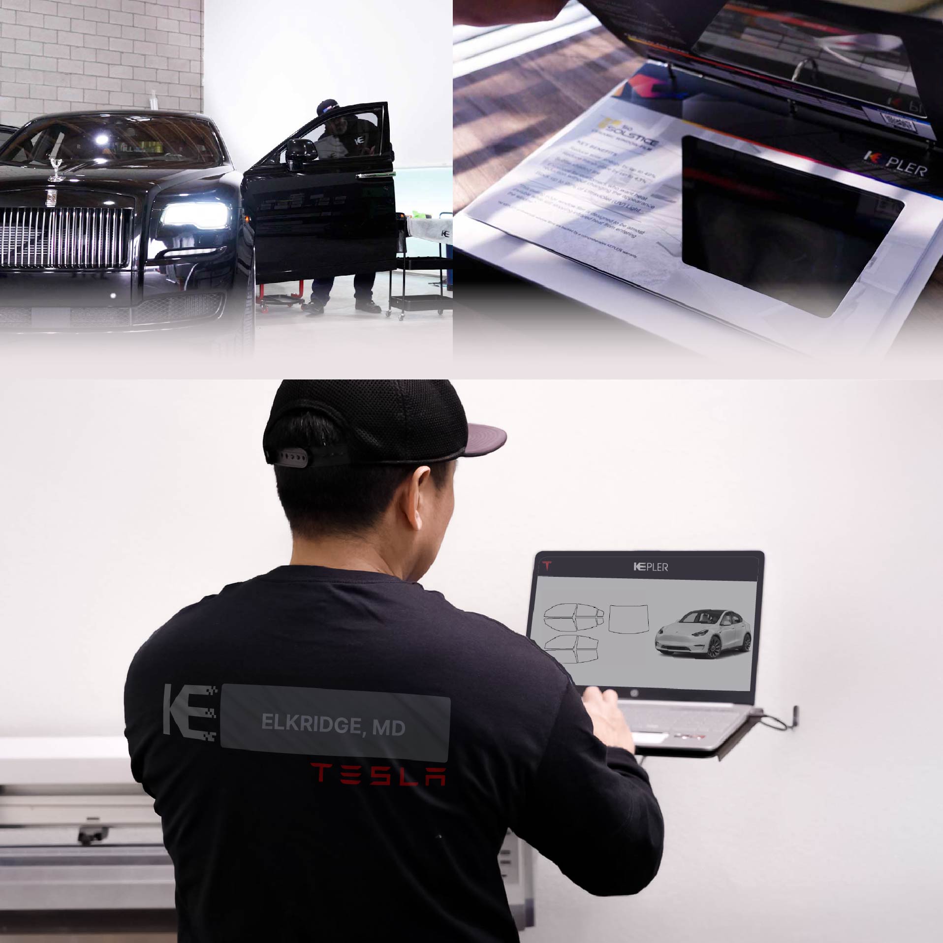 Kepler Technician Fitting High-tech Window Tint to Tesla in Elkridge