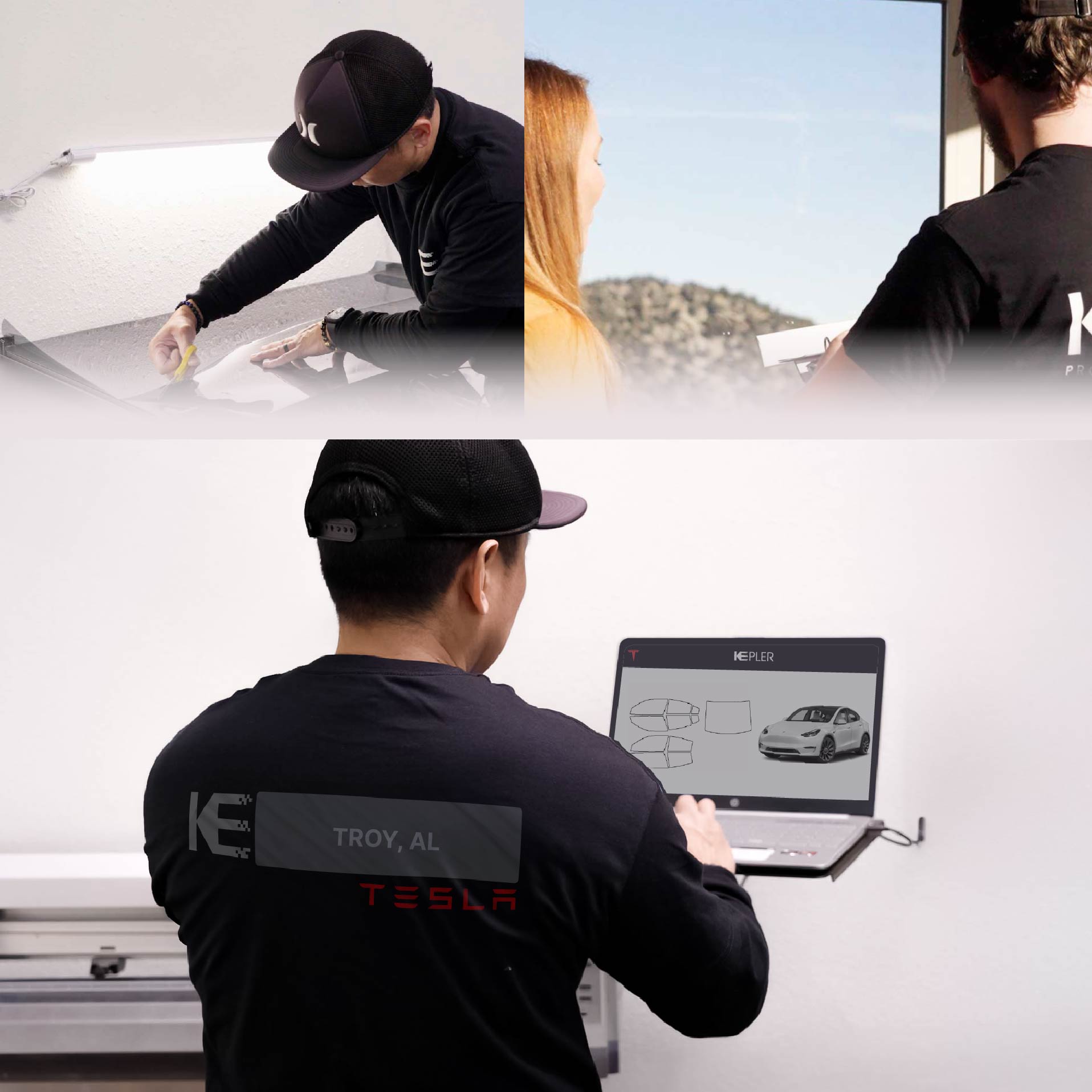 Expert Technician Installing Advanced Window Tint to Tesla in Troy