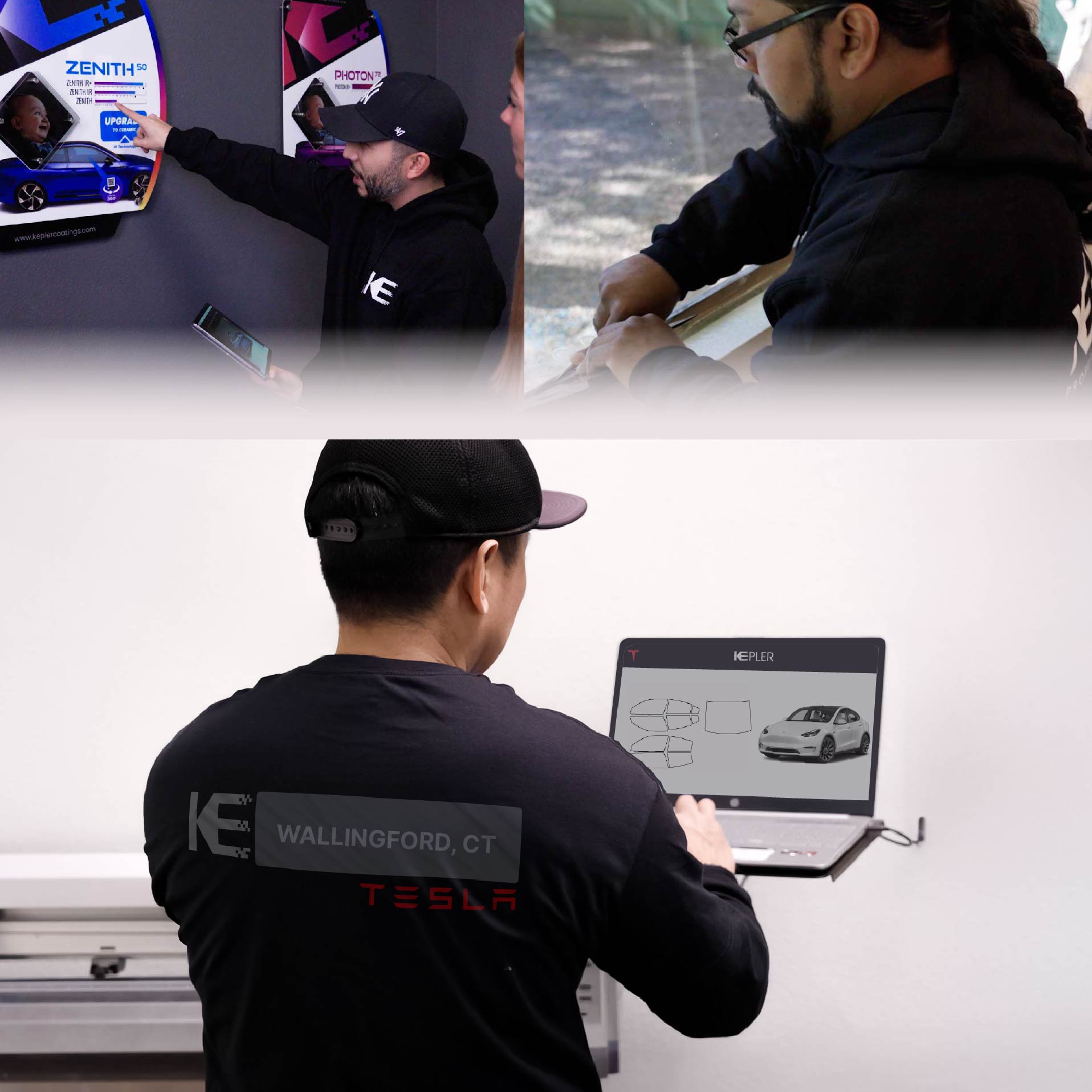 Kepler Technician Applying High-tech Window Tint to Tesla in Wallingford