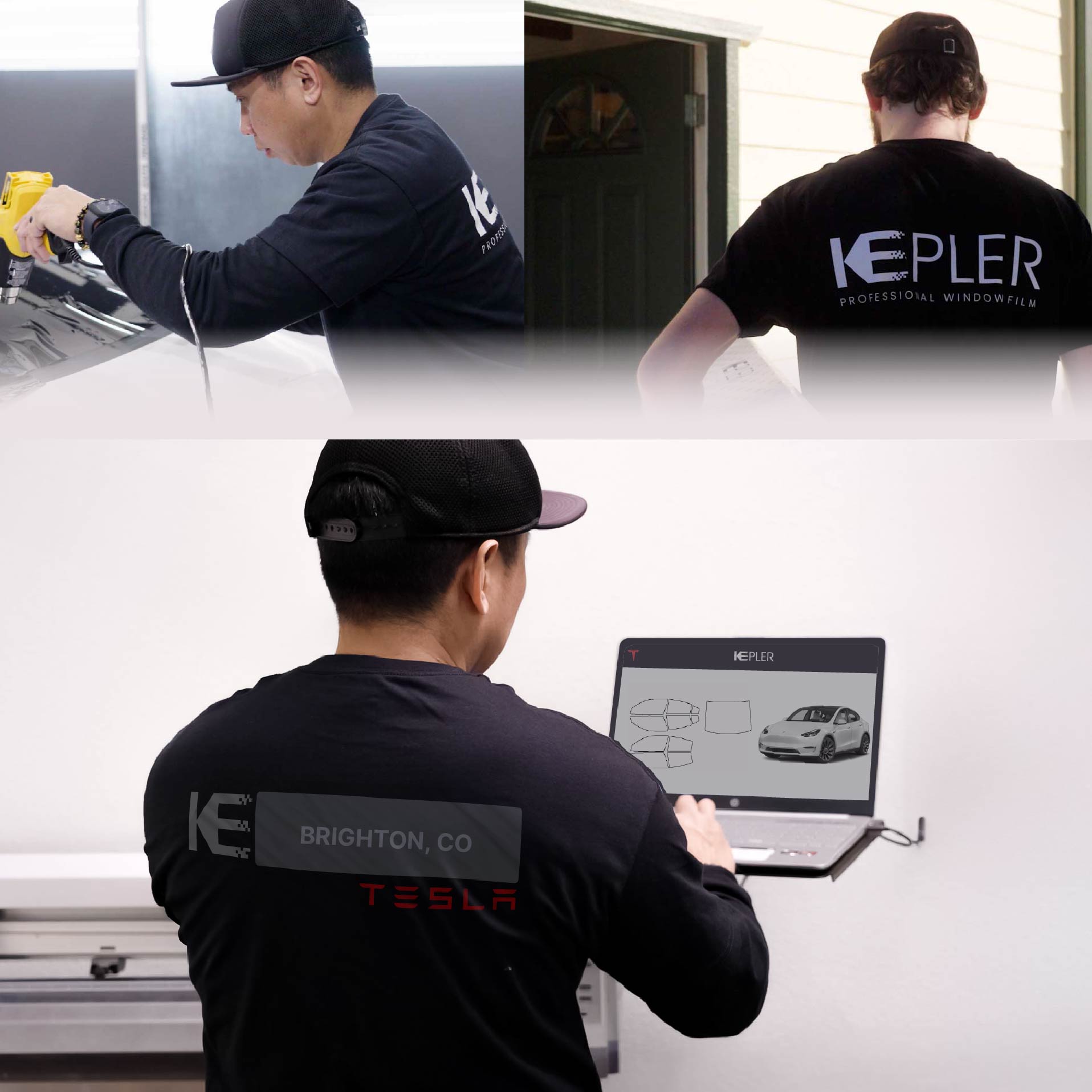 Expert Technician Installing Ceramic Window Tint to Tesla in Brighton