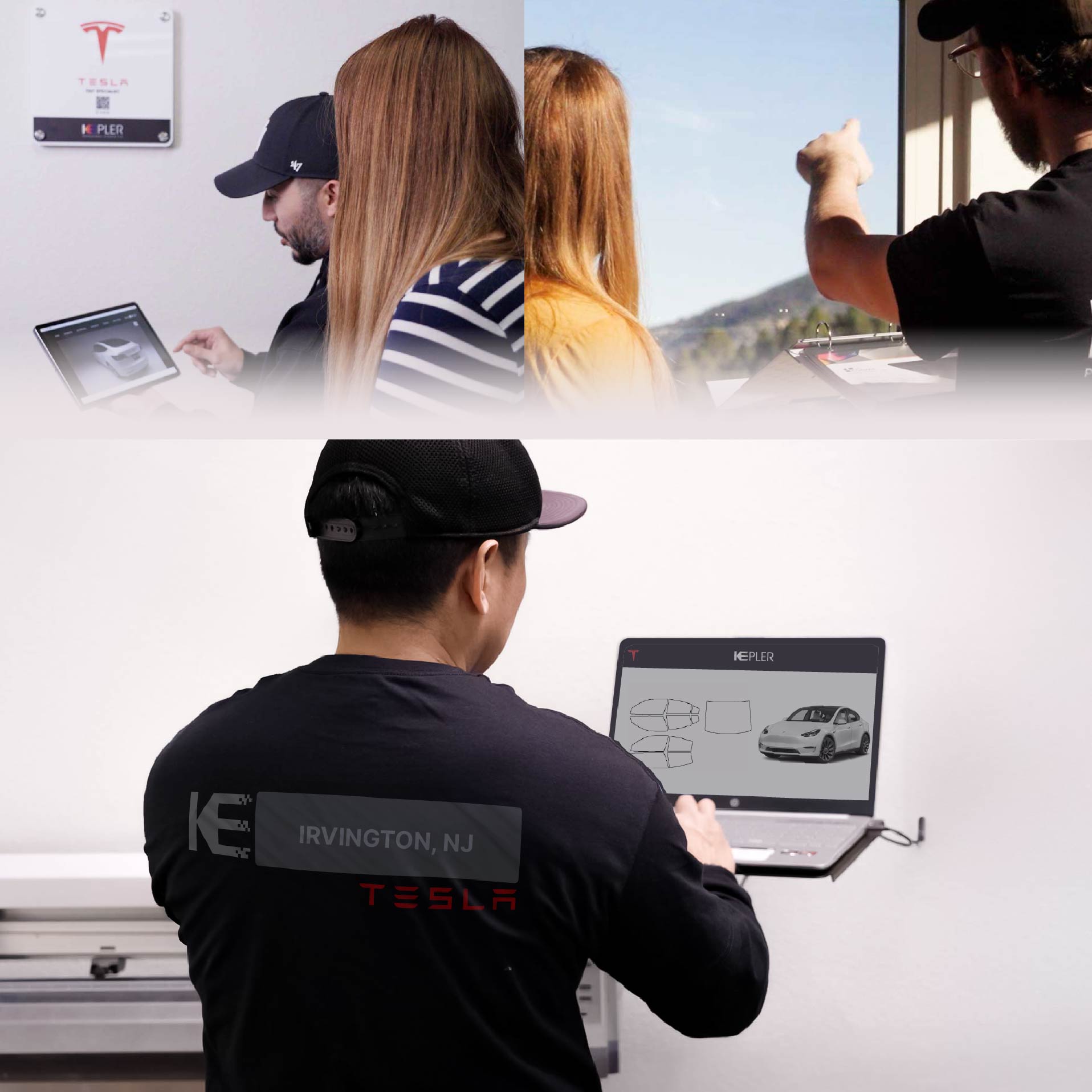 Kepler Technician Applying High-tech Window Tint to Tesla in Irvington