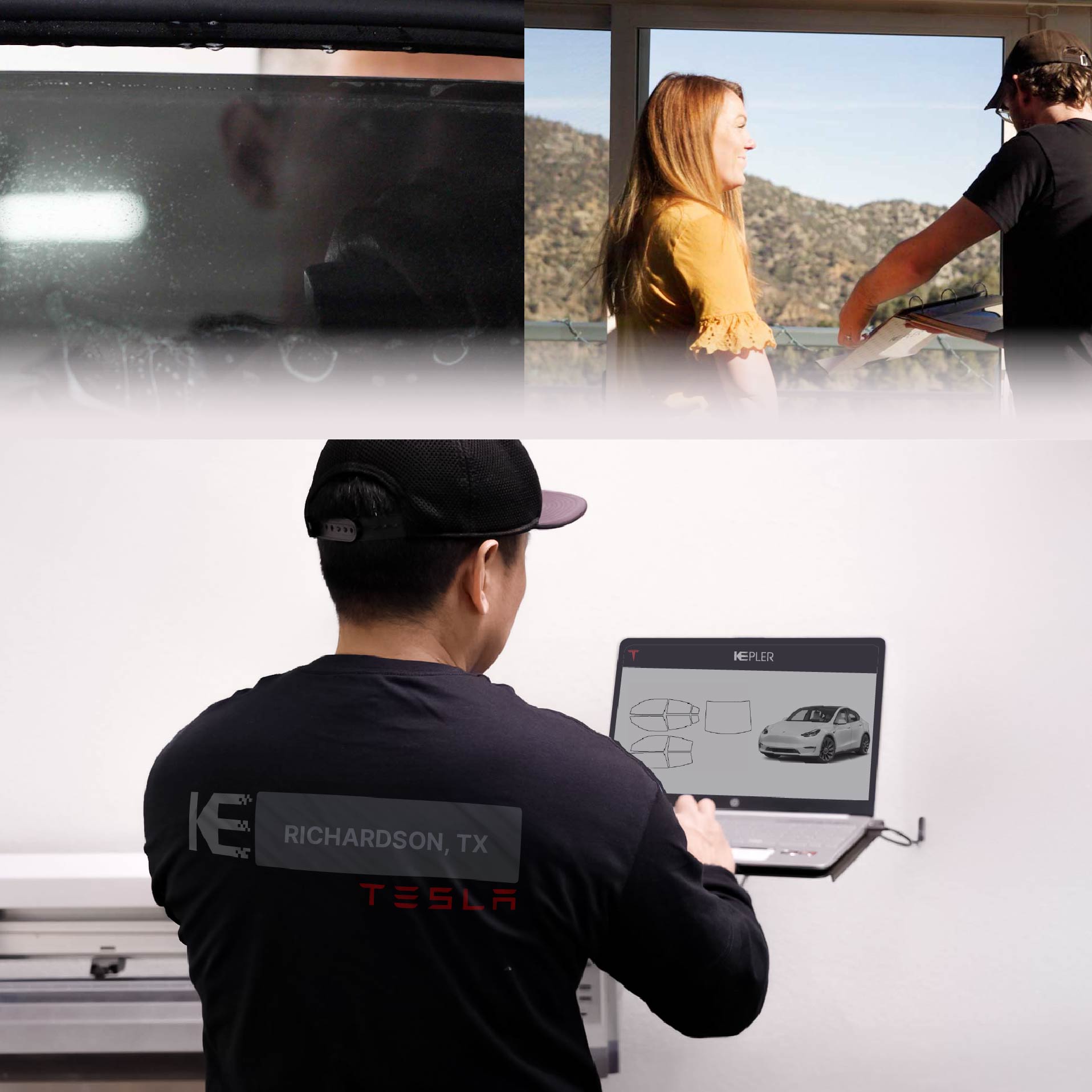 Expert Technician Fitting High-tech Window Tint to Tesla in Richardson
