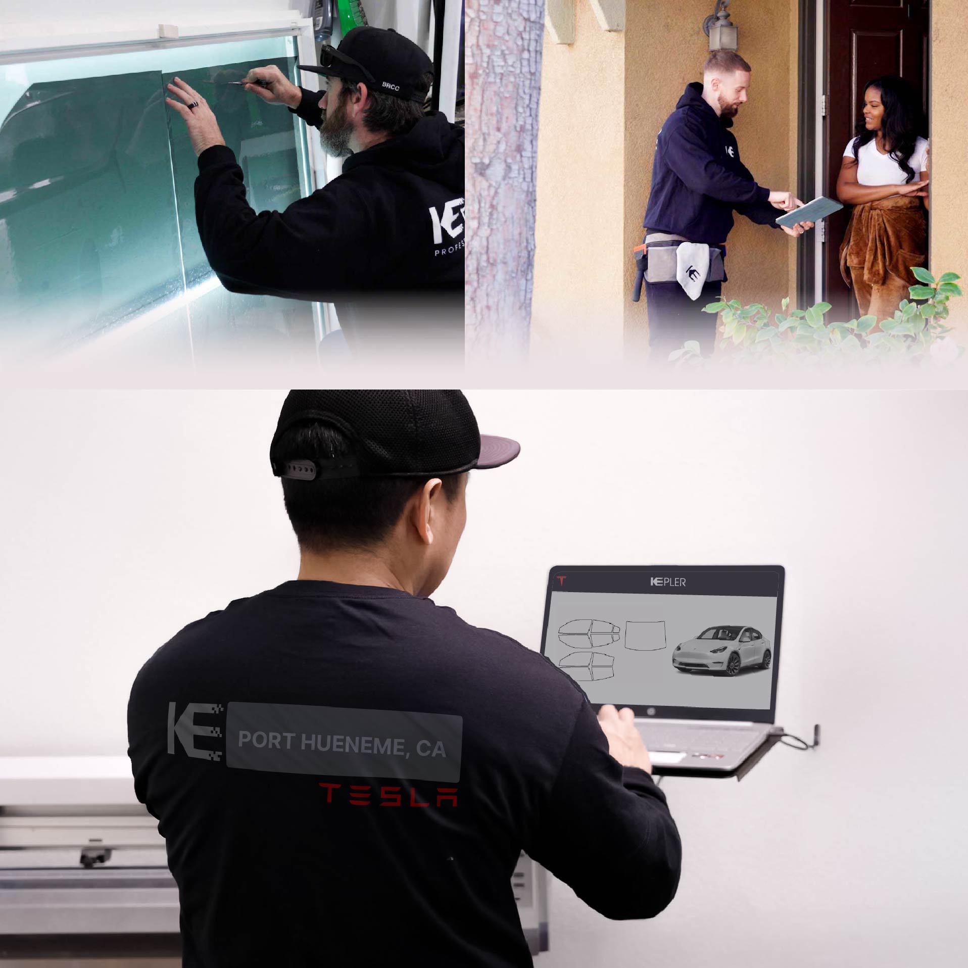 Kepler Technician Fitting Ceramic Window Tint to Tesla in Port Hueneme