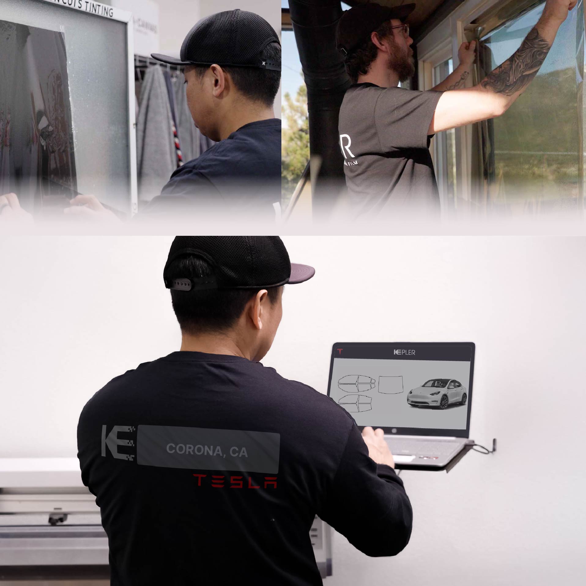 Kepler Technician Applying Advanced Window Tint to Tesla in Corona