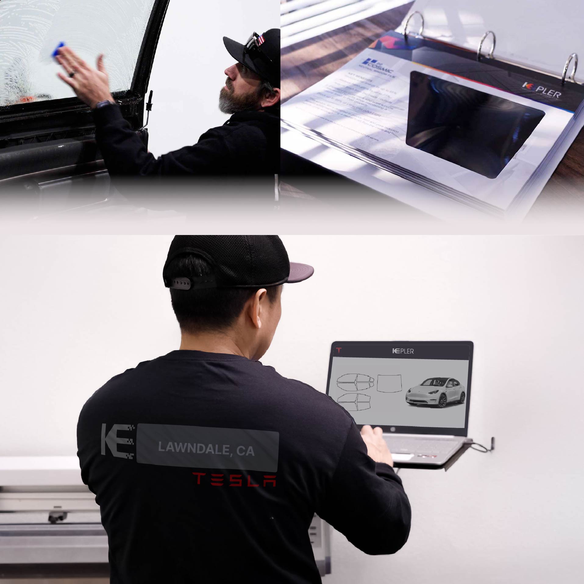 Expert Technician Fitting Ceramic Window Tint to Tesla in Lawndale
