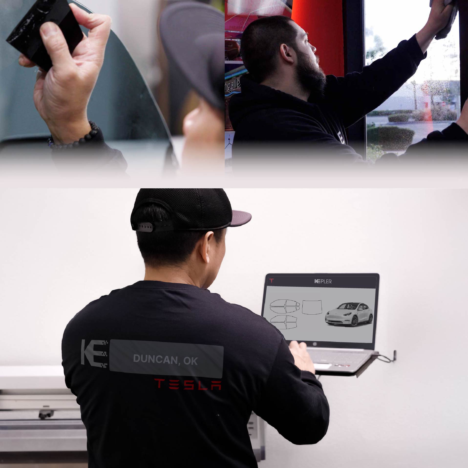 Expert Technician Applying High-tech Window Tint to Tesla in Duncan