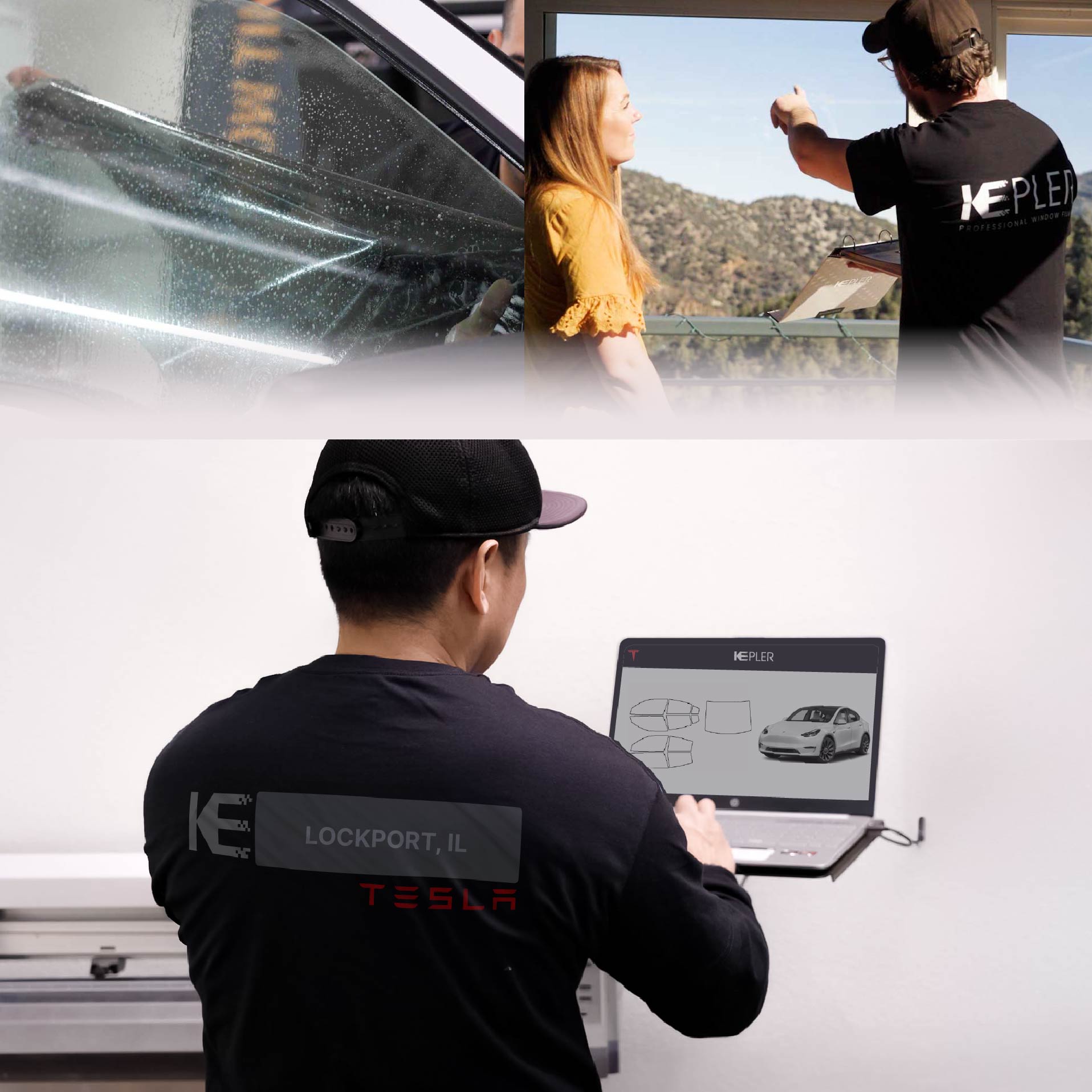 Expert Technician Applying Ceramic Window Tint to Tesla in Lockport