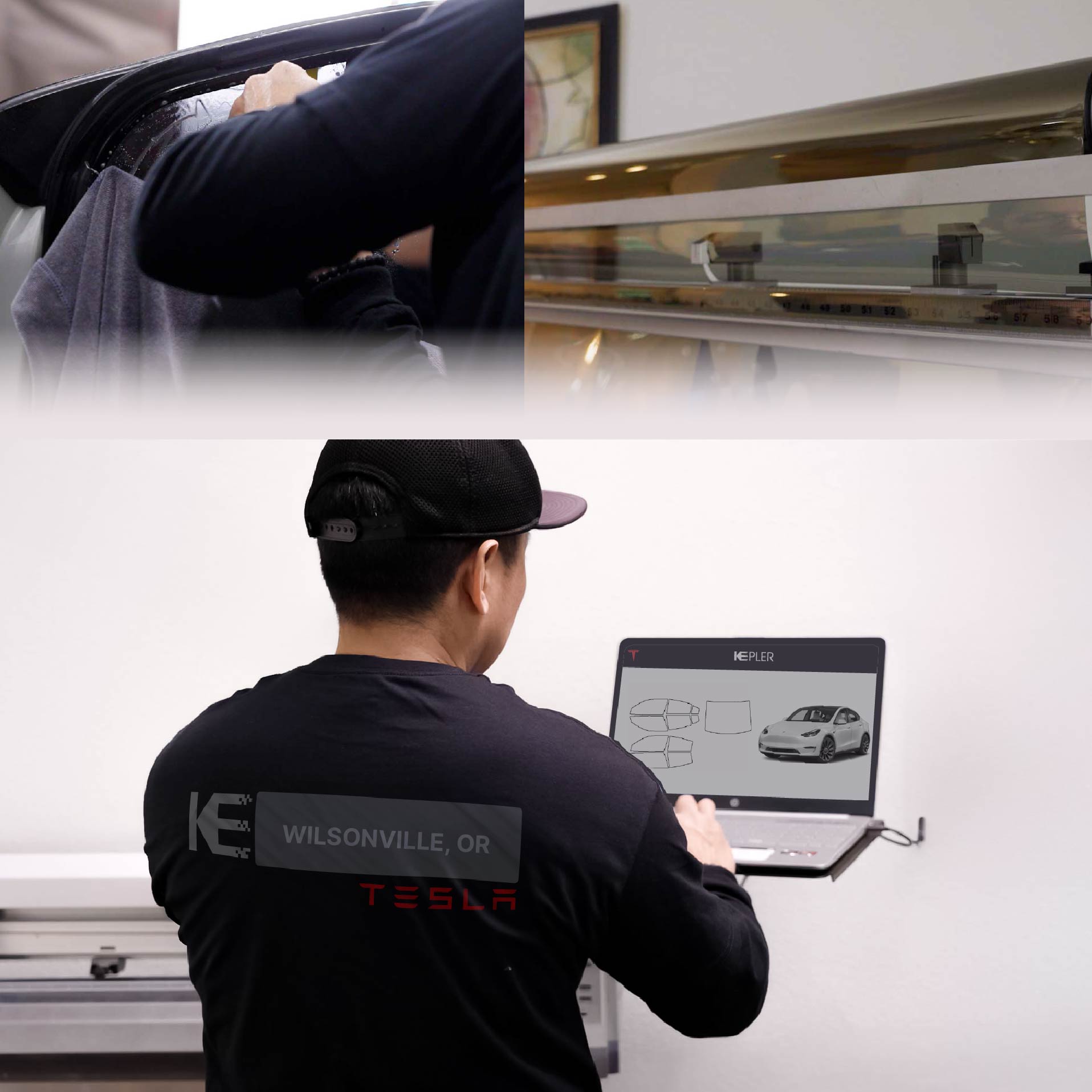 Expert Technician Applying Ceramic Window Tint to Tesla in Wilsonville