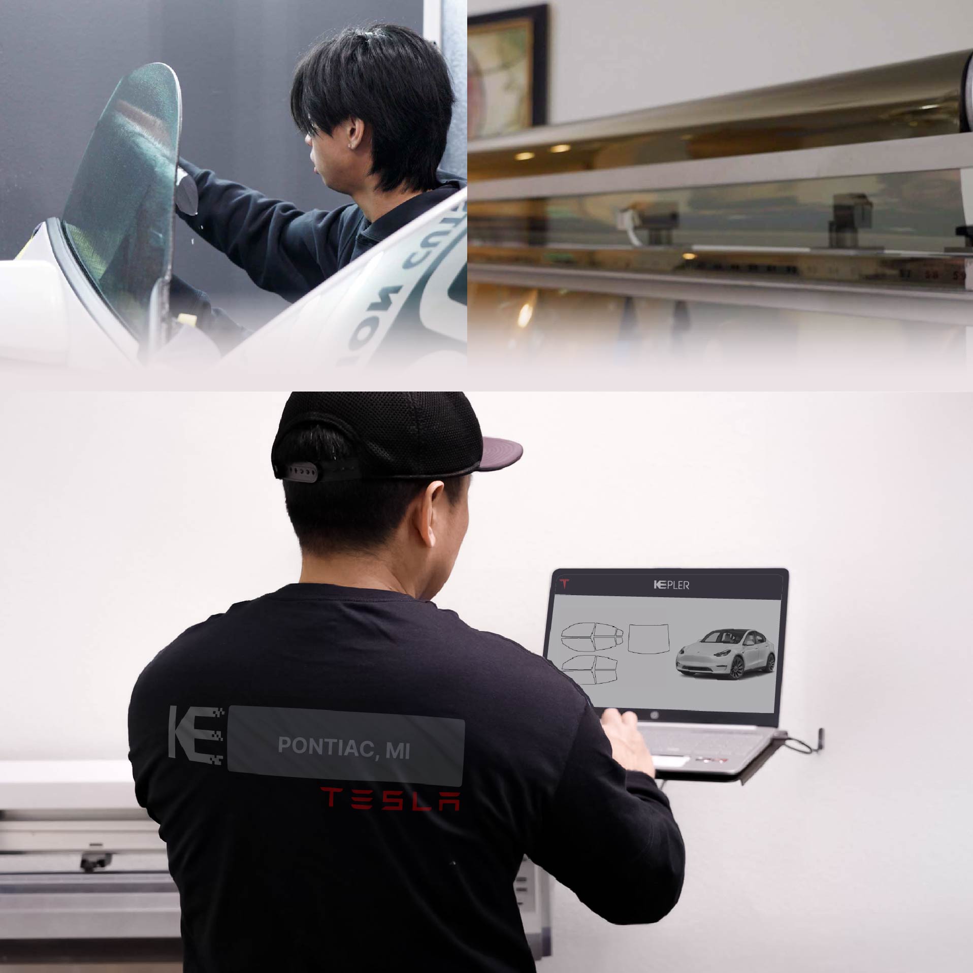 Kepler Technician Installing Ceramic Window Tint to Tesla in Pontiac