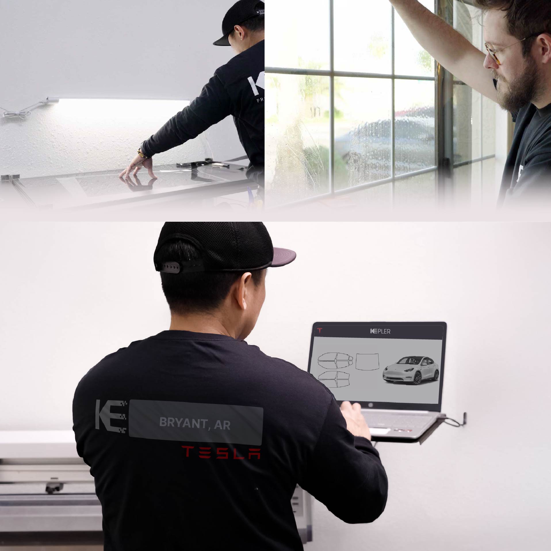 Kepler Technician Installing Ceramic Window Tint to Tesla in Bryant