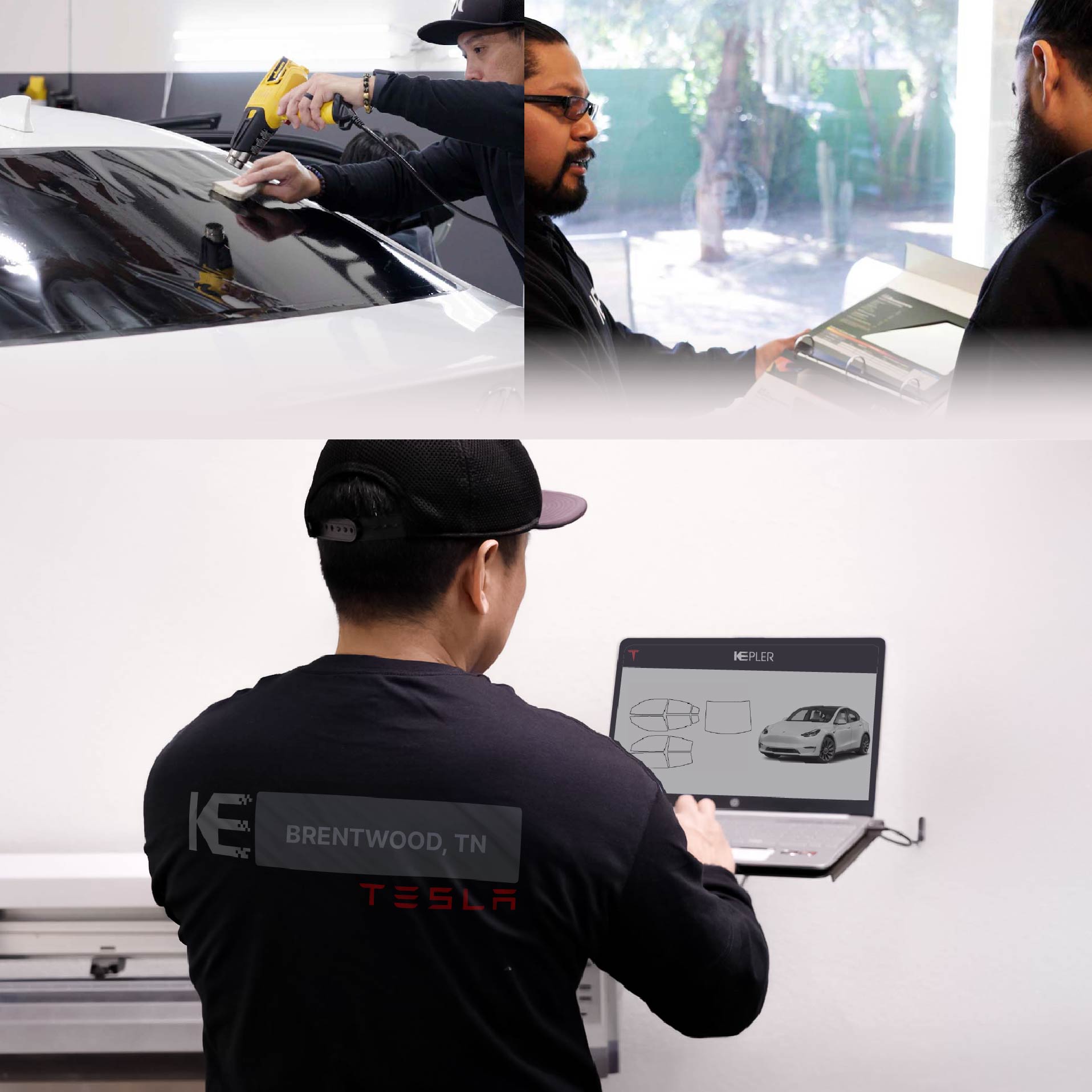 Kepler Technician Installing Ceramic Window Tint to Tesla in Brentwood