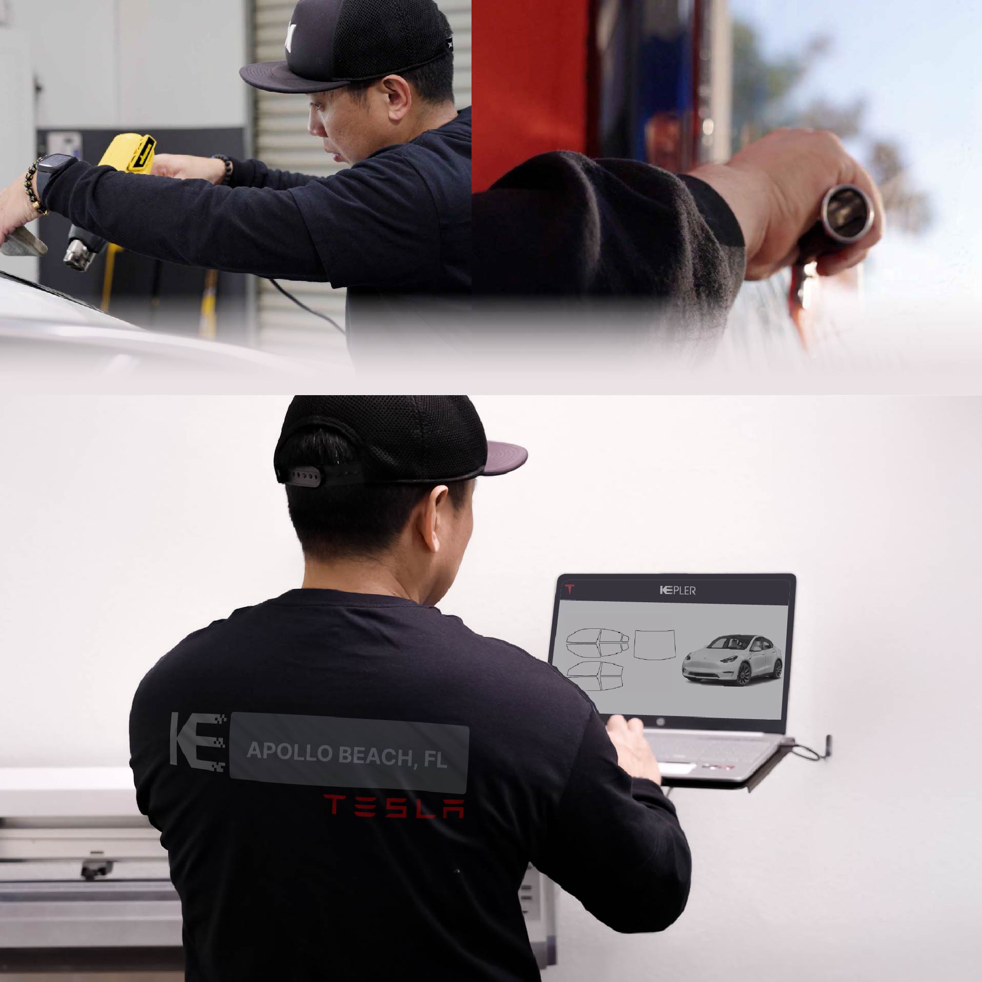 Kepler Technician Applying Ceramic Window Tint to Tesla in Apollo Beach