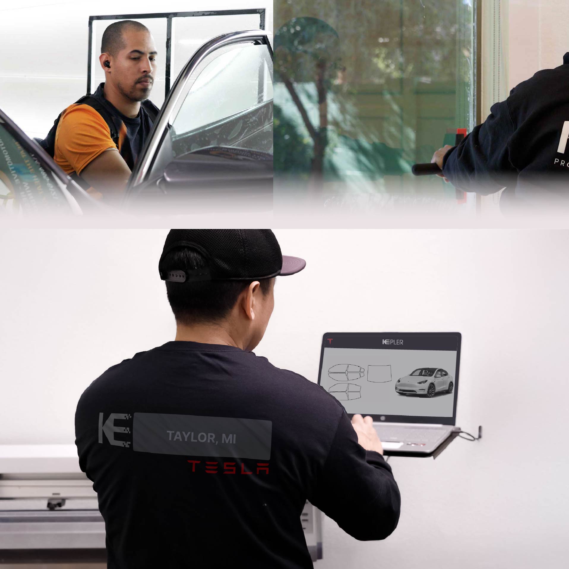 Expert Technician Fitting Ceramic Window Tint to Tesla in Taylor