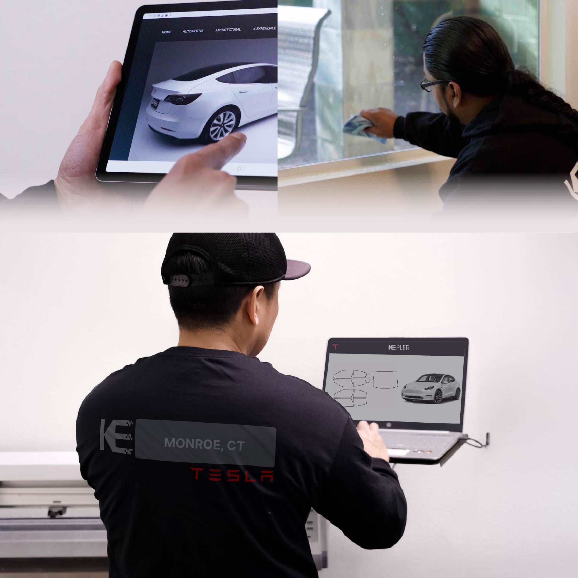 Expert Technician Installing Advanced Window Tint to Tesla in Monroe