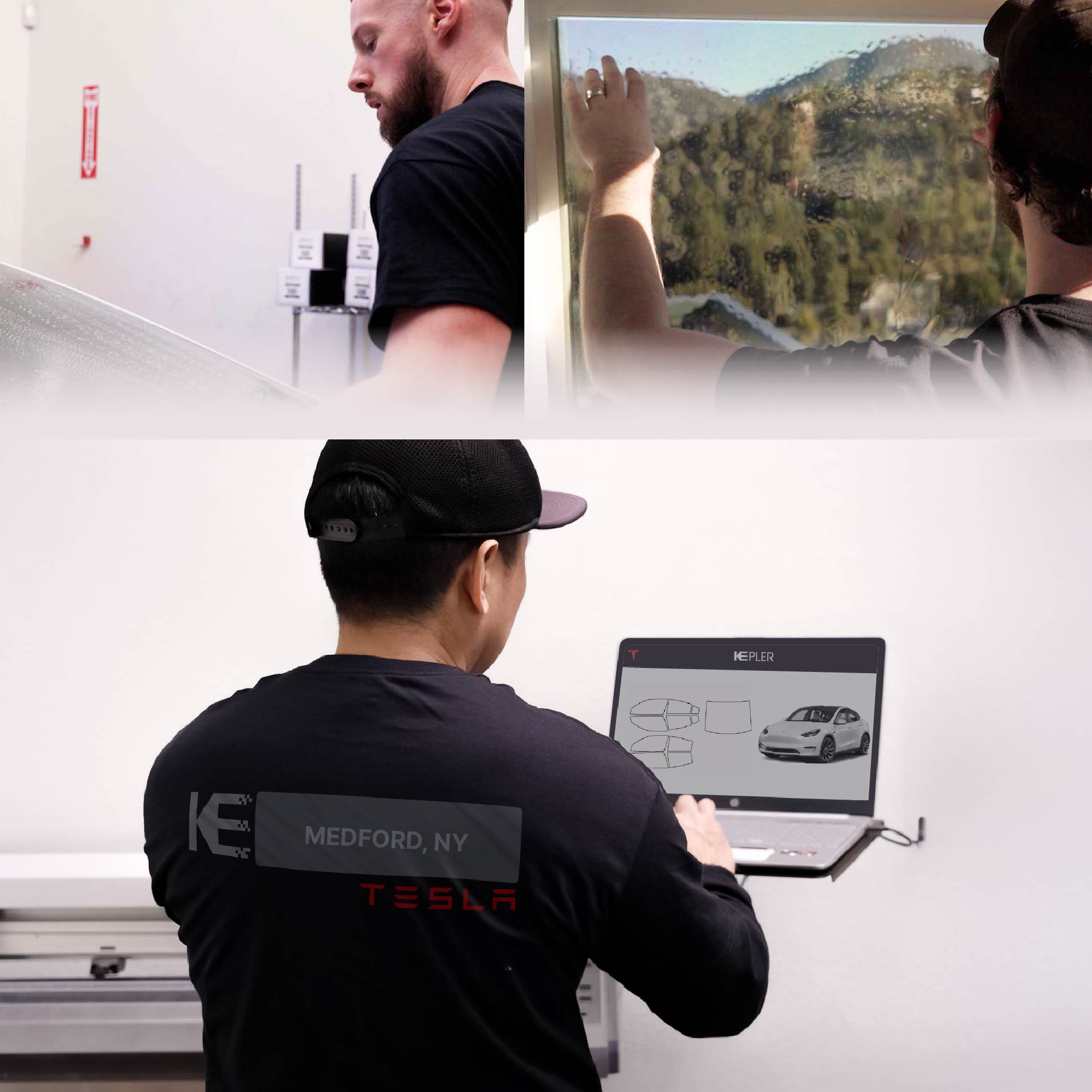 Expert Technician Applying Advanced Window Tint to Tesla in Medford