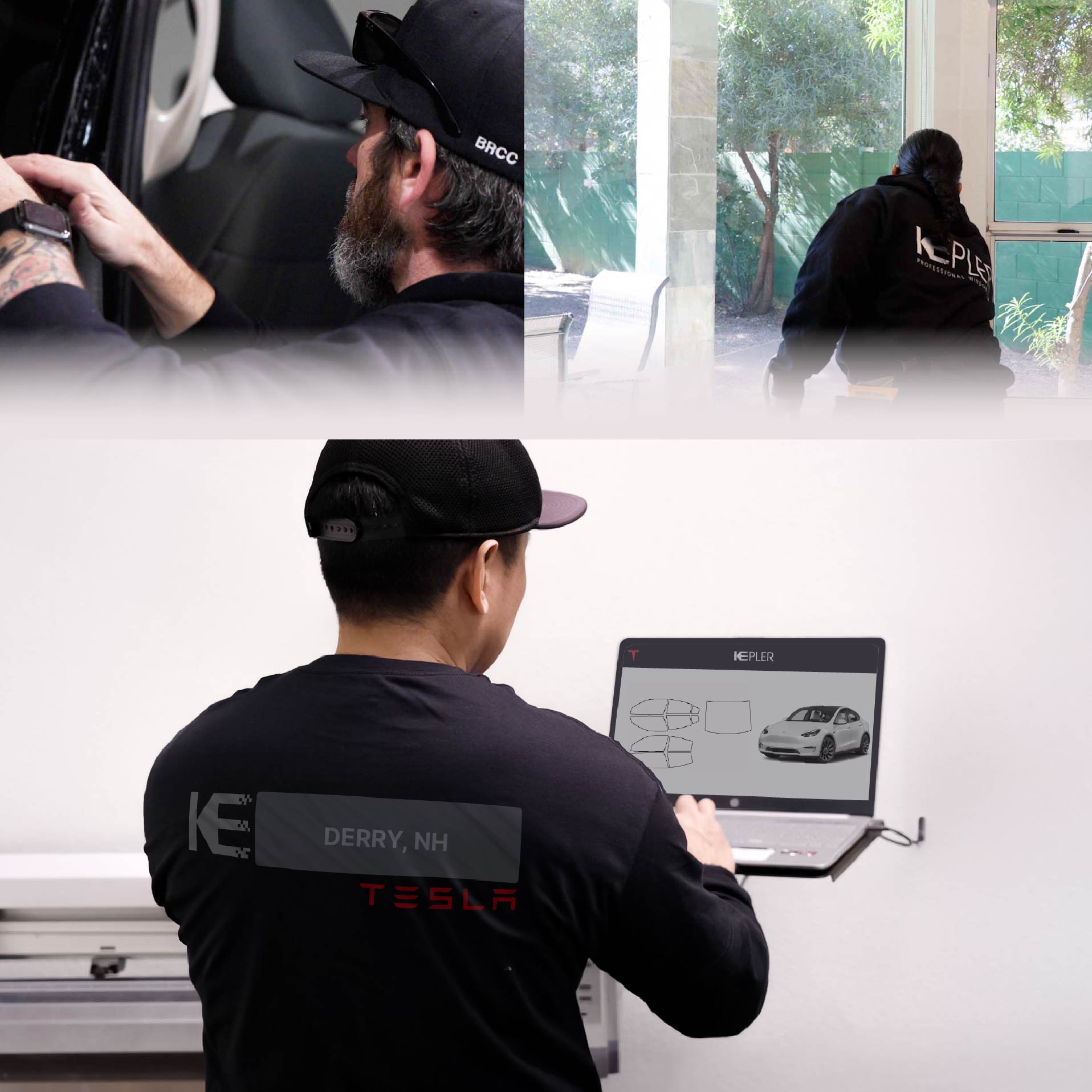 Expert Technician Installing Advanced Window Tint to Tesla in Derry