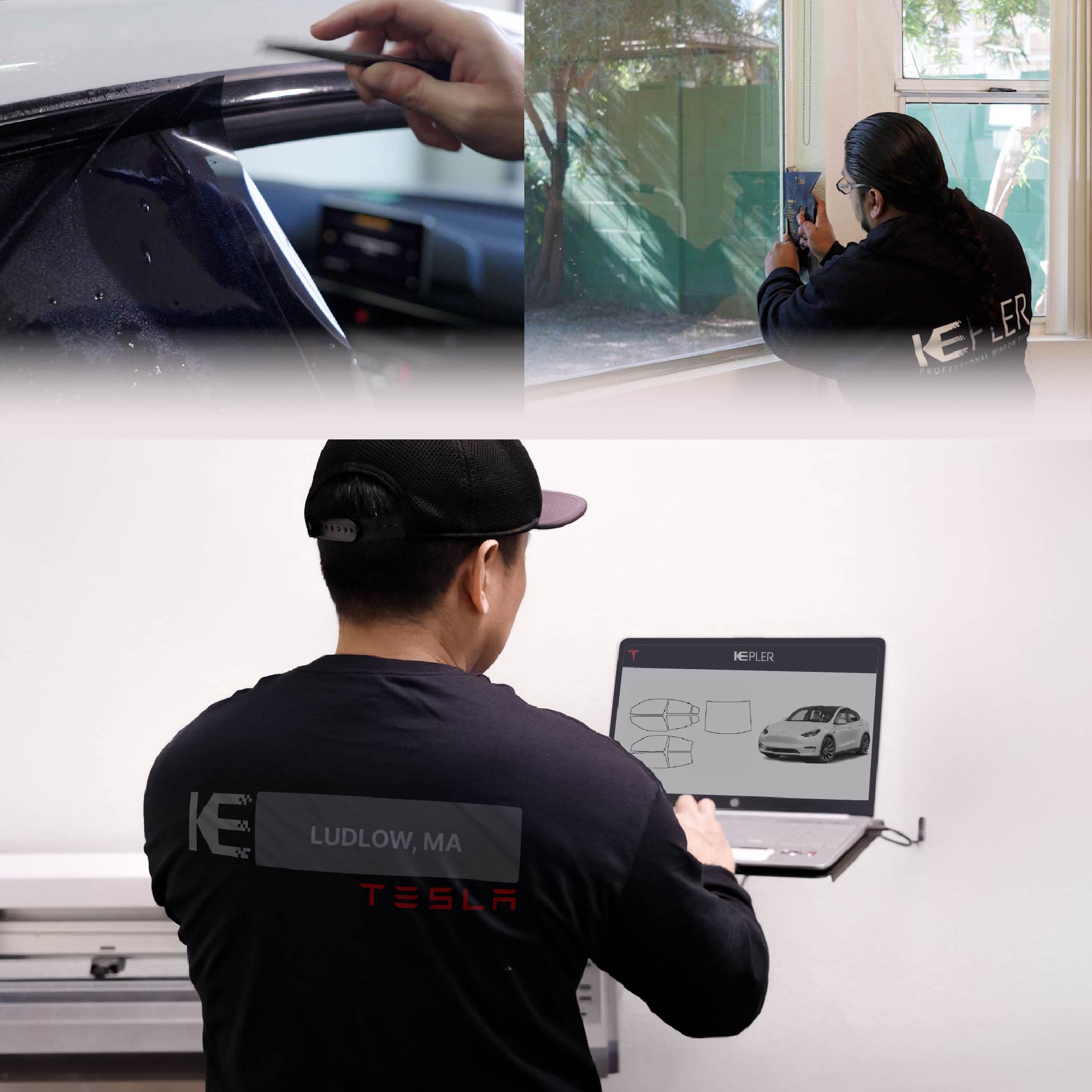 Expert Technician Installing Ceramic Window Tint to Tesla in Ludlow