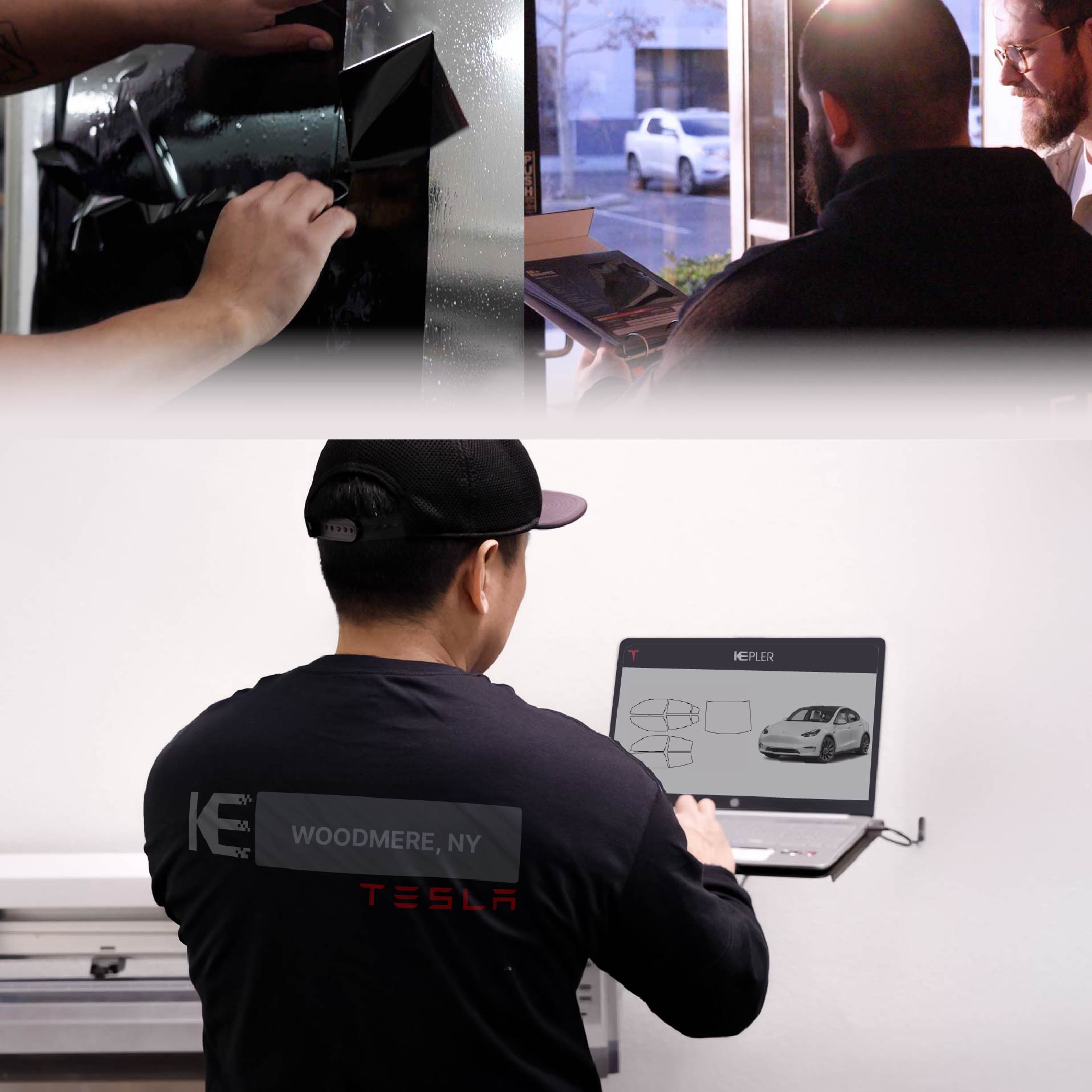 Expert Technician Fitting High-tech Window Tint to Tesla in Woodmere