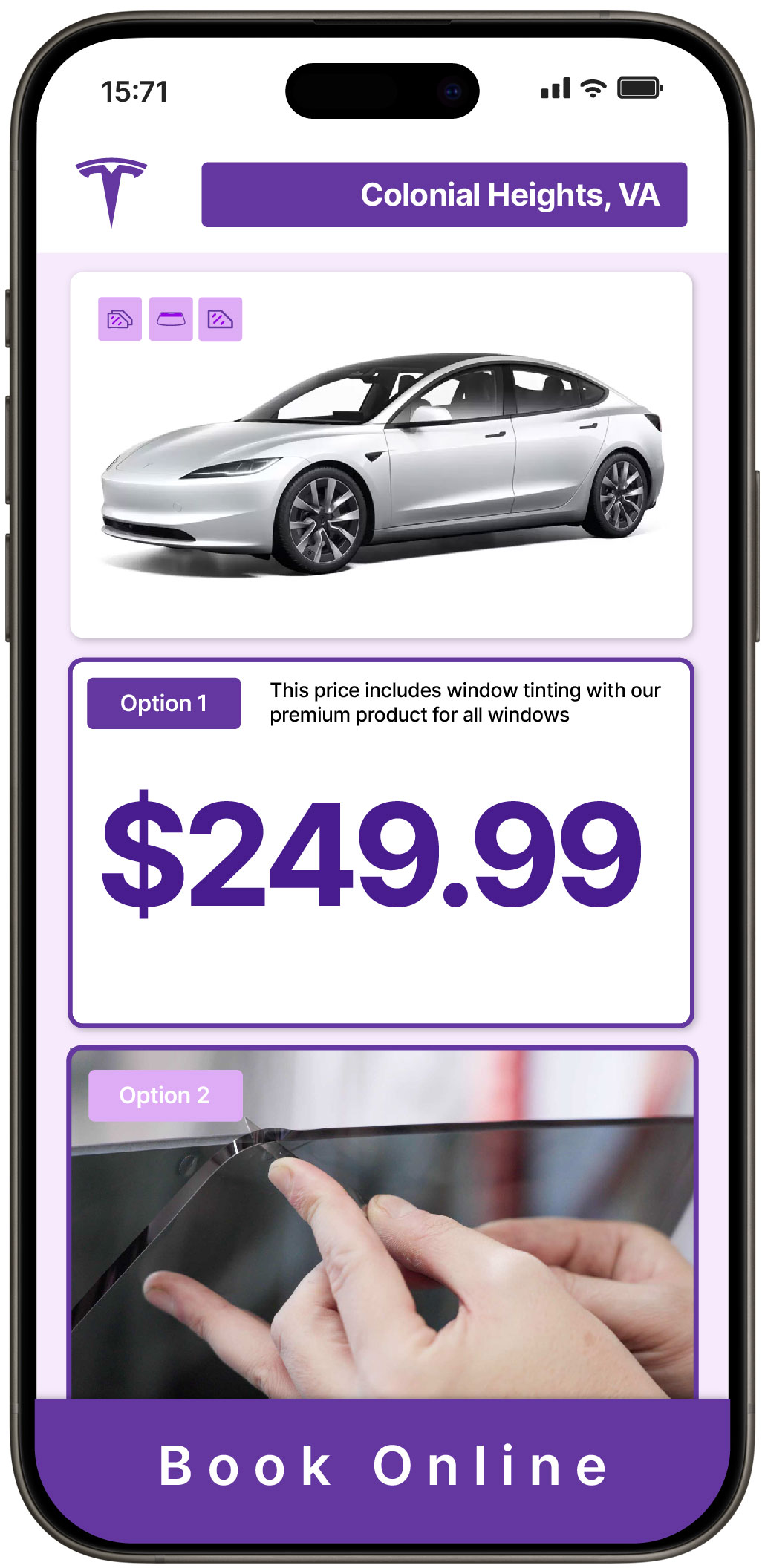 View Competitive Tesla Window Tinting Costs in Colonial Heights, Virginia
