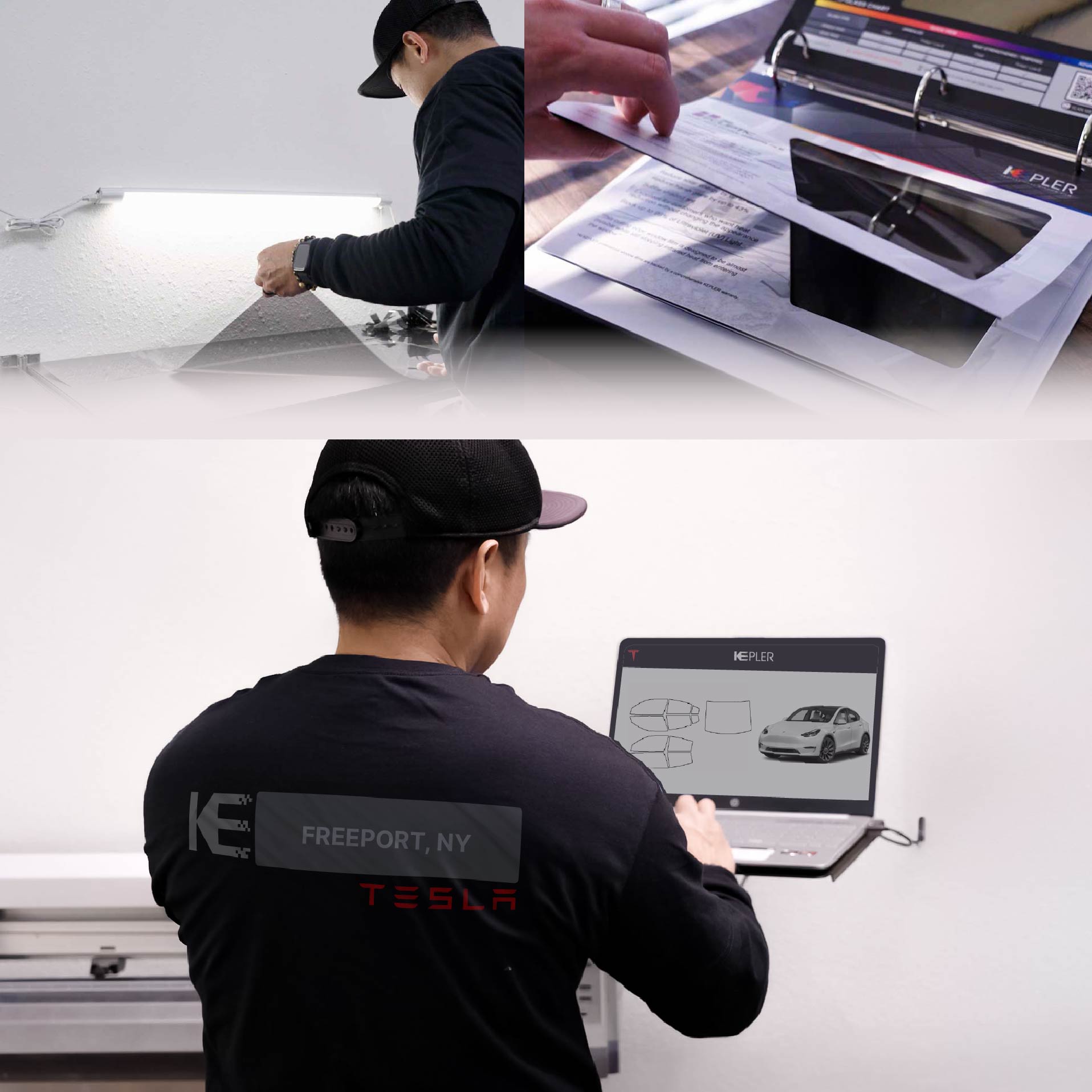 Kepler Technician Installing High-tech Window Tint to Tesla in Freeport